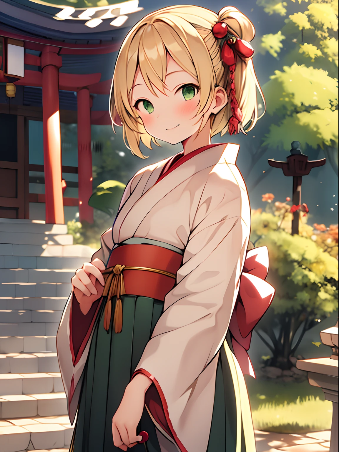 1girl in, Blonde hair, Green eyes, Solo, Looking at Viewer, Smile, Short hair, Hair Ornament Ribbon, shrine maiden, Hakama skirt, pagoda, The cherry tree, day