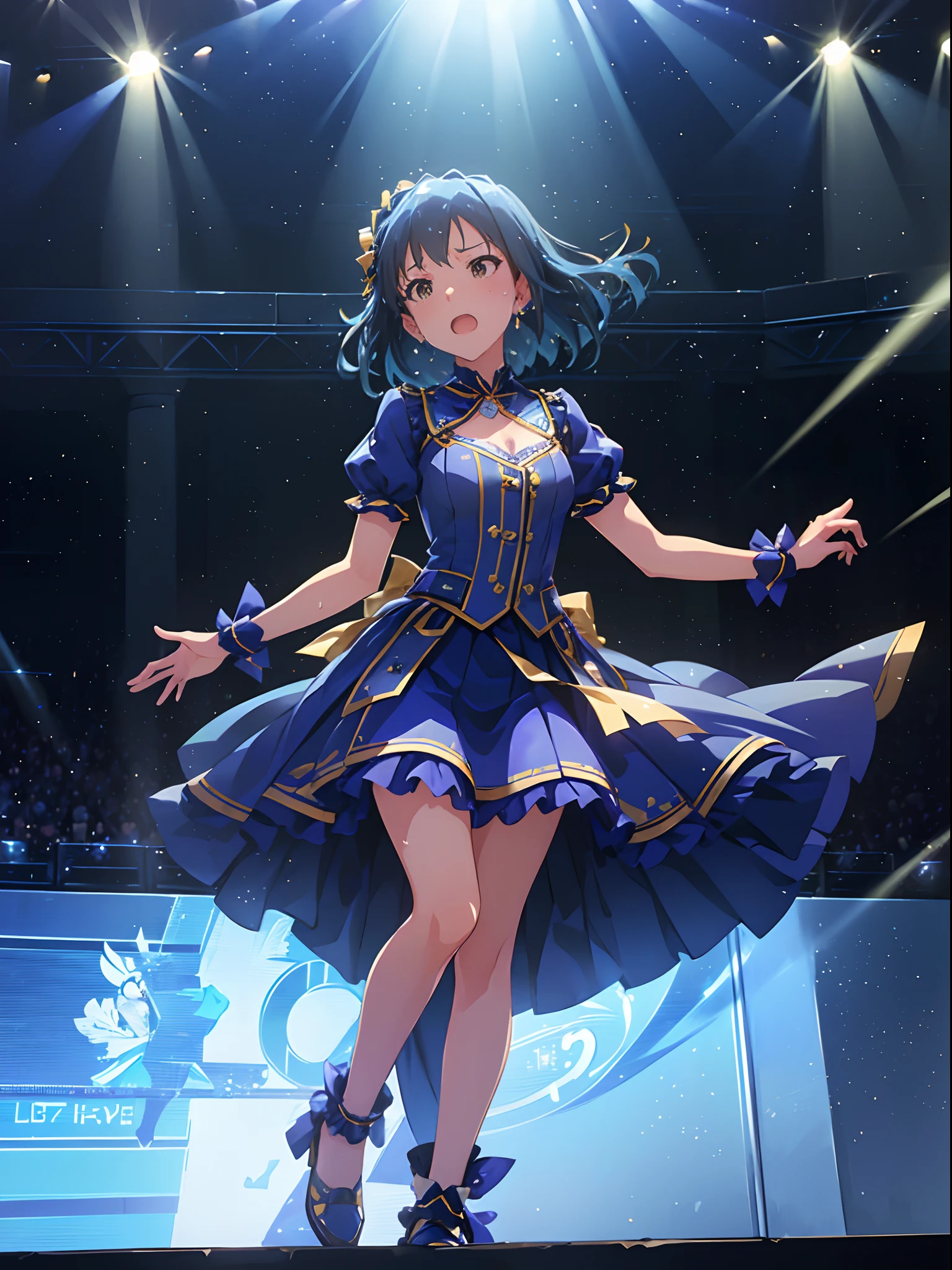 yuriko nanao (million live), 1 girl, Solo, Best Quality, masutepiece, 8K, High resolution, Ultra-detailed, (((singing on the stage, dynamic porse, dynamic angle))), serious, (((sweat:1.2, scattering sweat,)))