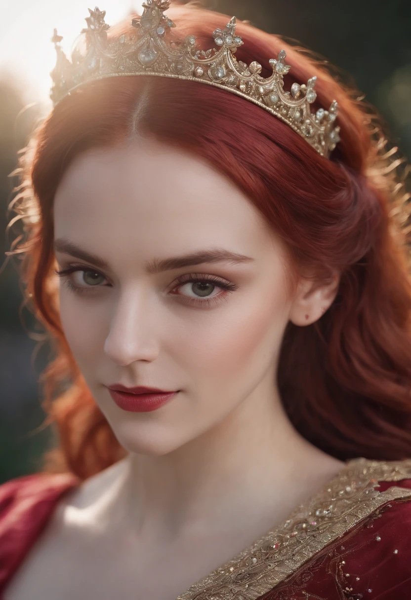 Princesa das trevas com os olhos de sangue, red hair, crown, evil smile, anime style, lens flare, high detail, first-person view, cinematic lighting, masterpiece, super detail, best quality, 8k, UHD