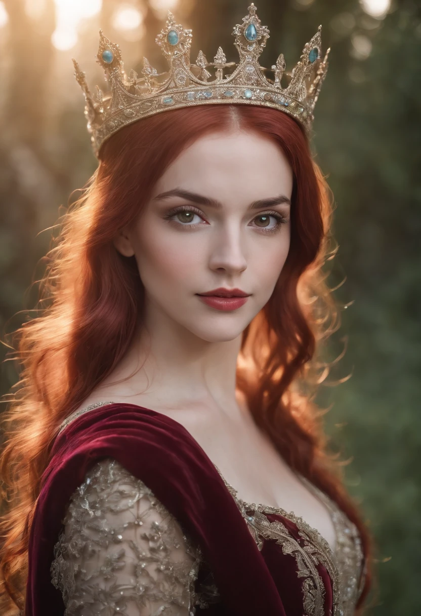 Princesa das trevas com os olhos de sangue, red hair, crown, evil smile, anime style, lens flare, high detail, first-person view, cinematic lighting, masterpiece, super detail, best quality, 8k, UHD