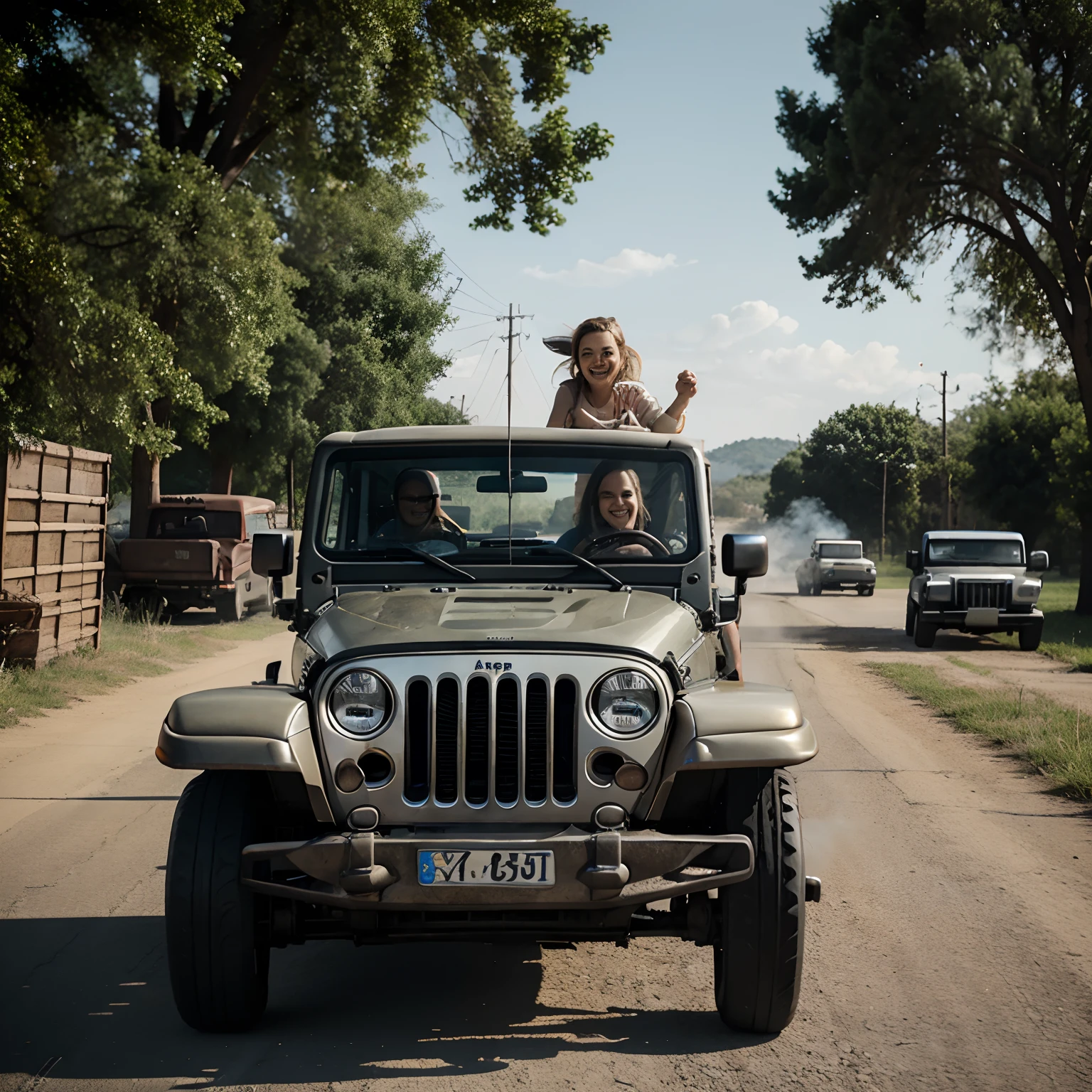 Greta Thumberg driving an old jeep that gives off a lot of smoke. She's giggling while running over kittens. The image is in Pixar style.