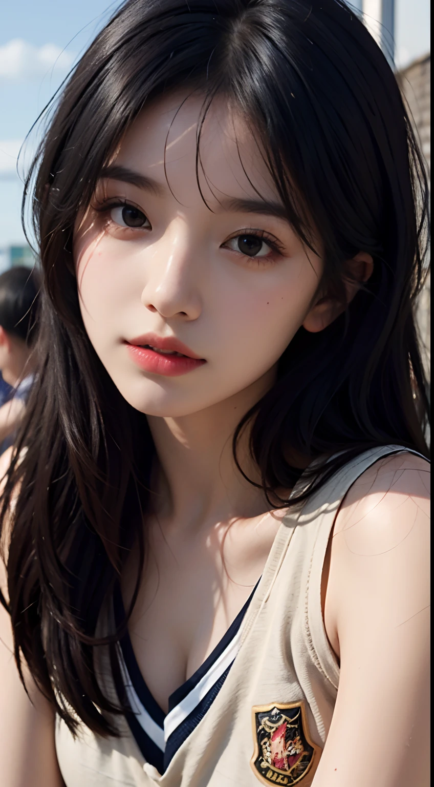 ((Idol-level girls)), master-piece, best picture quality, ultra-detail, (School Clothing+perfectbody:1.3), (perfect face+lens+disheveled hair+They have short black hair.), Close-up of, Audience view, She bent down and bent down to meet the eyes of the audience.。