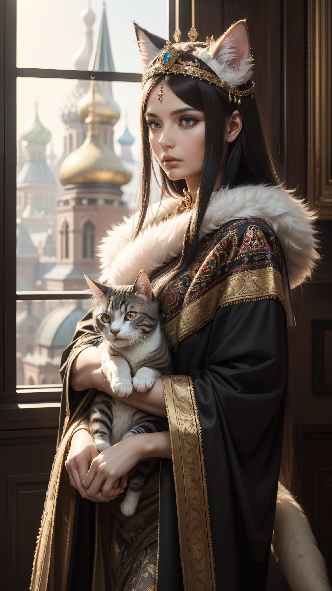 (high quality,4k,8k,highres,masterpiece:1.2),ultra-detailed,(realistic,photorealistic,photo-realistic:1.37),oil painting,"Cat Boyarynya","Cat Queen","Cat in an old Russian headdress","Headgear in the form of a comb","Cat in a kokoshnik",intricate embroidery,regal appearance,intense gaze,proud and noble posture,vibrant colors,beautifully adorned,fine fur texture,luxurious lighting