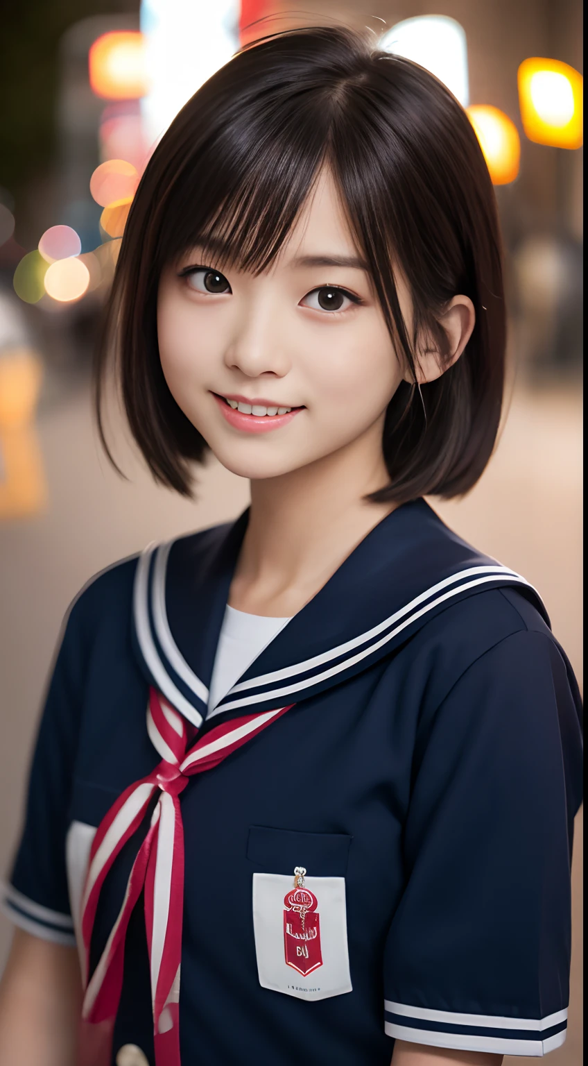 (((full bodyesbian)))、((Girls' High School Uniforms))、((1a person))、short ponytail hair、short bob hair、Close to the subject、((Han River))、(((smile)))、(((Girls' High School)))、((a beauty girl))、((sexy pose))、Photorealsitic、Beautiful detailed eyes、Hyper-Realism、high contrast、Ultra HD、realistic skin textures、Top image quality、top-quality、超A high resolution、Fine details、Very meticulously、well-endowed round bosom, head to knees, bokeh night background
