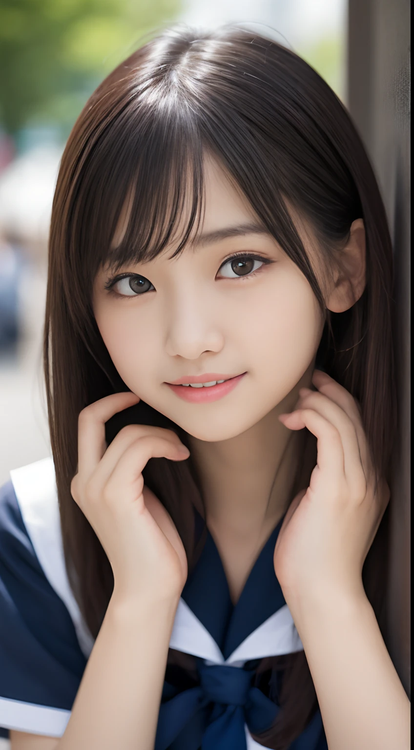 masutepiece, Best Quality, 8K, 5years old, Raw photo, absurderes, award winning portrait, Smile, Smile, Solo, Night, neons, Idol face, violaceaess, gardeniass, Delicate girl, Upper body, Digital SLR, Looking at Viewer, Candid, Sophisticated, zora々Right, Thin arms, Professional Lighting, Film grain, chromatic abberation, (Eyes and faces with detailed:1.0), (Bokeh:1.1) , closes mouth , Sailor Uniform , (pantiy:1.8)