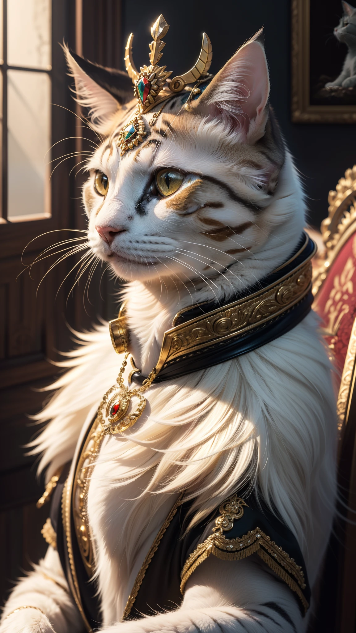 (high quality,4k,8k,highres,masterpiece:1.2),ultra-detailed,(realistic,photorealistic,photo-realistic:1.37),oil painting,"Cat Boyarynya","Cat Queen","Cat in an old Russian headdress","Headgear in the form of a comb","Cat in a kokoshnik",intricate embroidery,regal appearance,intense gaze,proud and noble posture,vibrant colors,beautifully adorned,fine fur texture,luxurious lighting