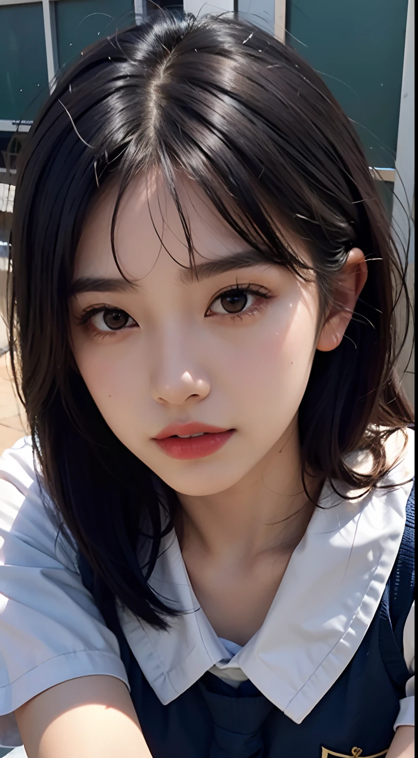 ((Idol-level girls)), master-piece, best picture quality, ultra-detail, (School Clothing+perfectbody:1.3), (perfect face+lens+disheveled hair+They have short black hair.), Close-up of, Audience view, She bent down and bent down to meet the eyes of the audience.。