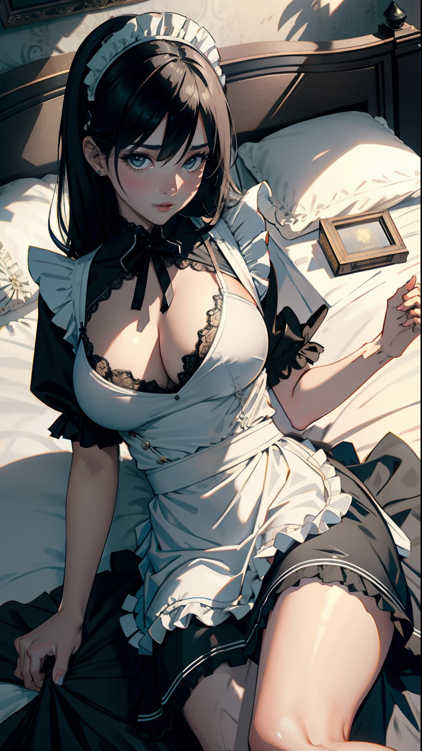 ​masterpiece, top-quality, Detailed details, Detailed landscapes, beatiful lights, Beautiful Shadows,girl with,(large full breasts)、((lying back)),(laying on back),((Bare legged)),30-years old,scarface,Black eyes,a miniskirt,Slit skirt,(((maid clothes))),((No Underwear)), detailed skin textures, Tyndall effect,mansion,mansion,Bedroom,(Antique bed)