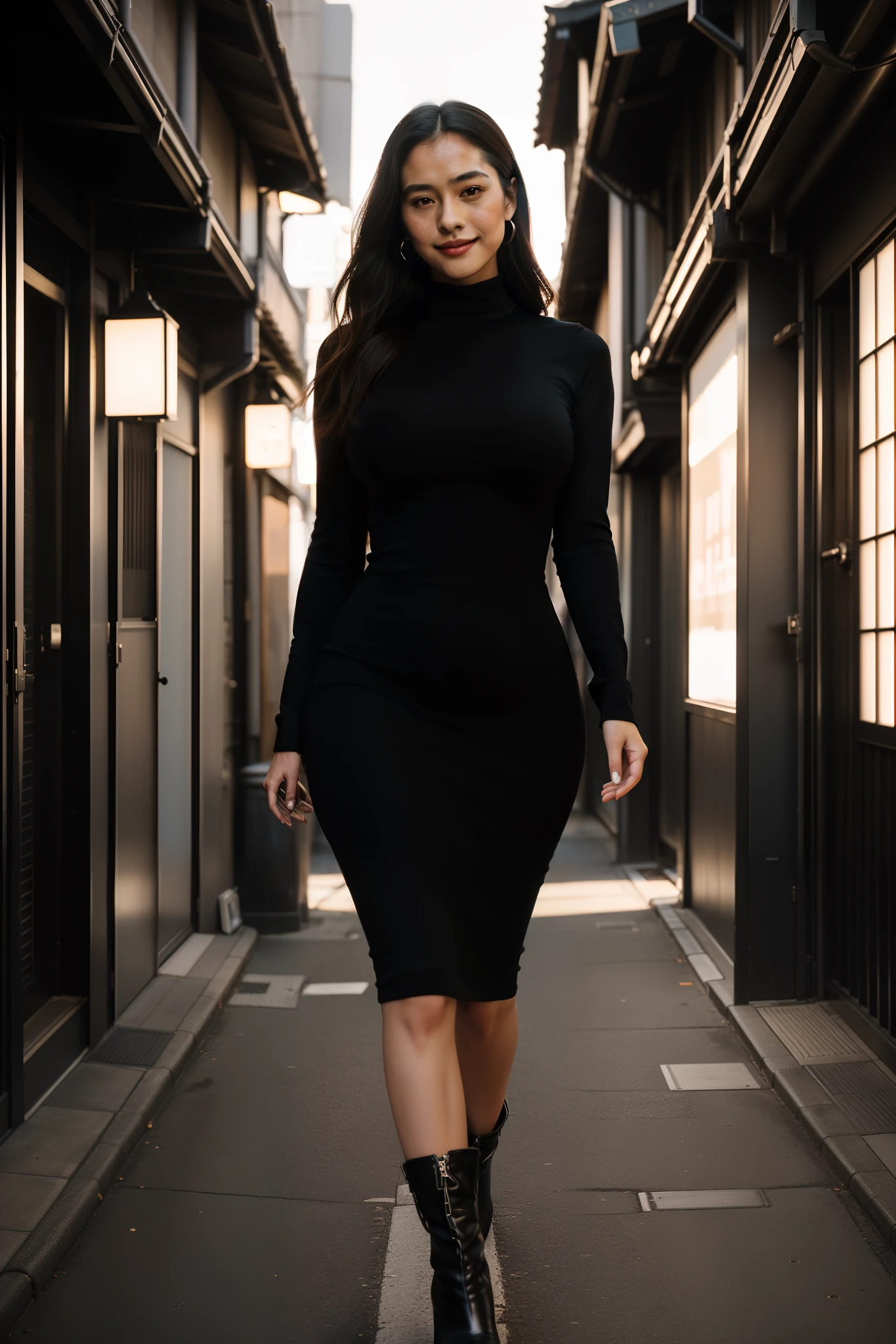 (35ml Film Photo:1.2), (Photorealsitic), huge filesize, hight resolution, ighly detailed, top-quality, [​masterpiece:1.6], illustratio, ighly detailed, nffsw, finely detail, top-quality, 8k wallpaper, cowboy  shot,Girl walking in dimly lit alley of big city、(1 girl in),20 age、People with Japan、plump figure, (small petite breasts)、Lori face、closes mouth、shyly smile、(Japan Black High Neck Bodycon Dress、Black High Neck Bodycon Dress、Black Japan High Neck Bodycon Dress:1.3、Black boots)、A narrow alley lined with Western-style izakayas、dynamicposes(Film photographic:1.4), (ultra-film photographic: 1.4), (Realistic: 1.3), (Smooth lighting: 1.05), (Improved cinematic lighting: 0.9), Realistic lighting, Backlight, Face Light, raytrace, (Whitening light:1.2), (Image enhancement:1.4), (Top quality real skins:1.4), (Body Line Mood Increase:1.1),  (Skin Texture Enhancement Beauty:1.1),