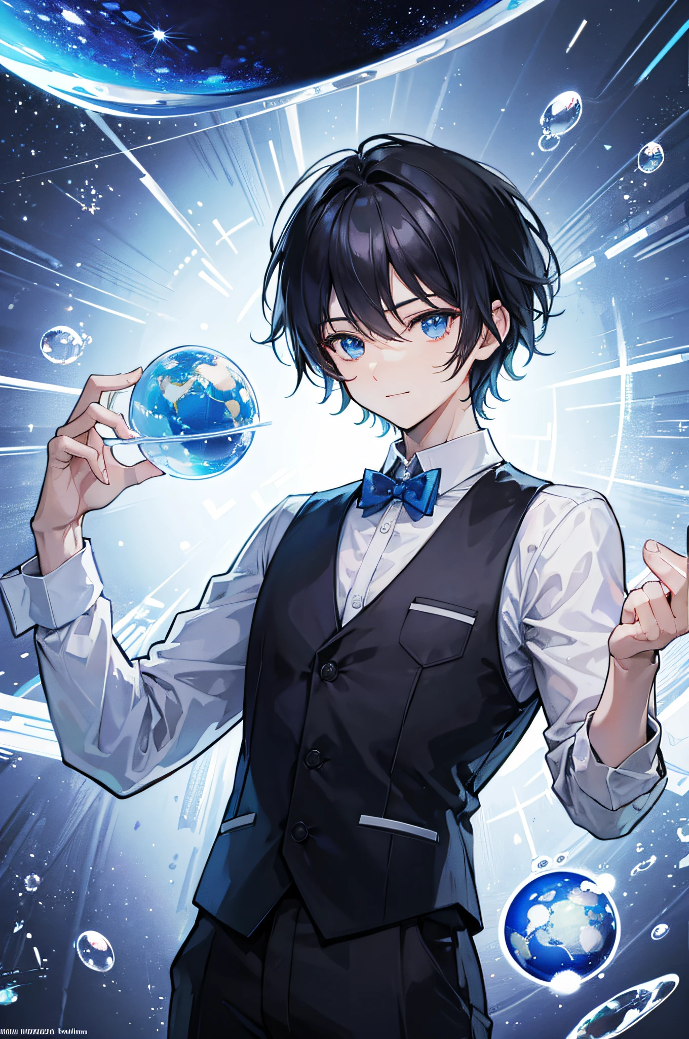 Ultra Detail,High quality,Comic Art Stills,Man touching a soap bubble,Black hair,lightsmile,Shirt,vests,Inside a big soap bubble with a blue globe,Male Focus
