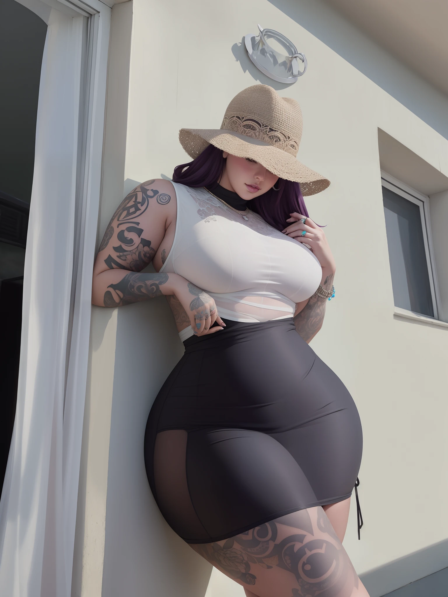 arafed woman with tattoos and a hat leaning against a wall, angelawhite, thicc, wide hips, she has a jiggly fat round belly, see through, see - through, curvy hourglass figure, succubus in tight short dress, the extremely hot and sexy, thick body, lacey, clear curvy details, accentuated hips