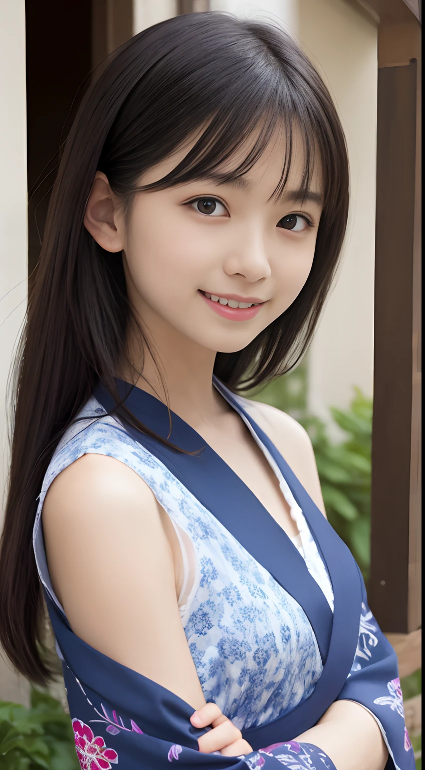 masutepiece, Best Quality, 8K, 8years old, Raw photo, absurderes, award winning portrait, Smile, Smile, Solo, Night, neons, Idol face, violaceaess, gardeniass, Delicate girl, Upper body, Digital SLR, Looking at Viewer, Candid, Sophisticated, zora々Right, Thin arms, Professional Lighting, Film grain, chromatic abberation, (Eyes and faces with detailed:1.0), (Bokeh:1.1) , Ninja kimono , Shoulder out