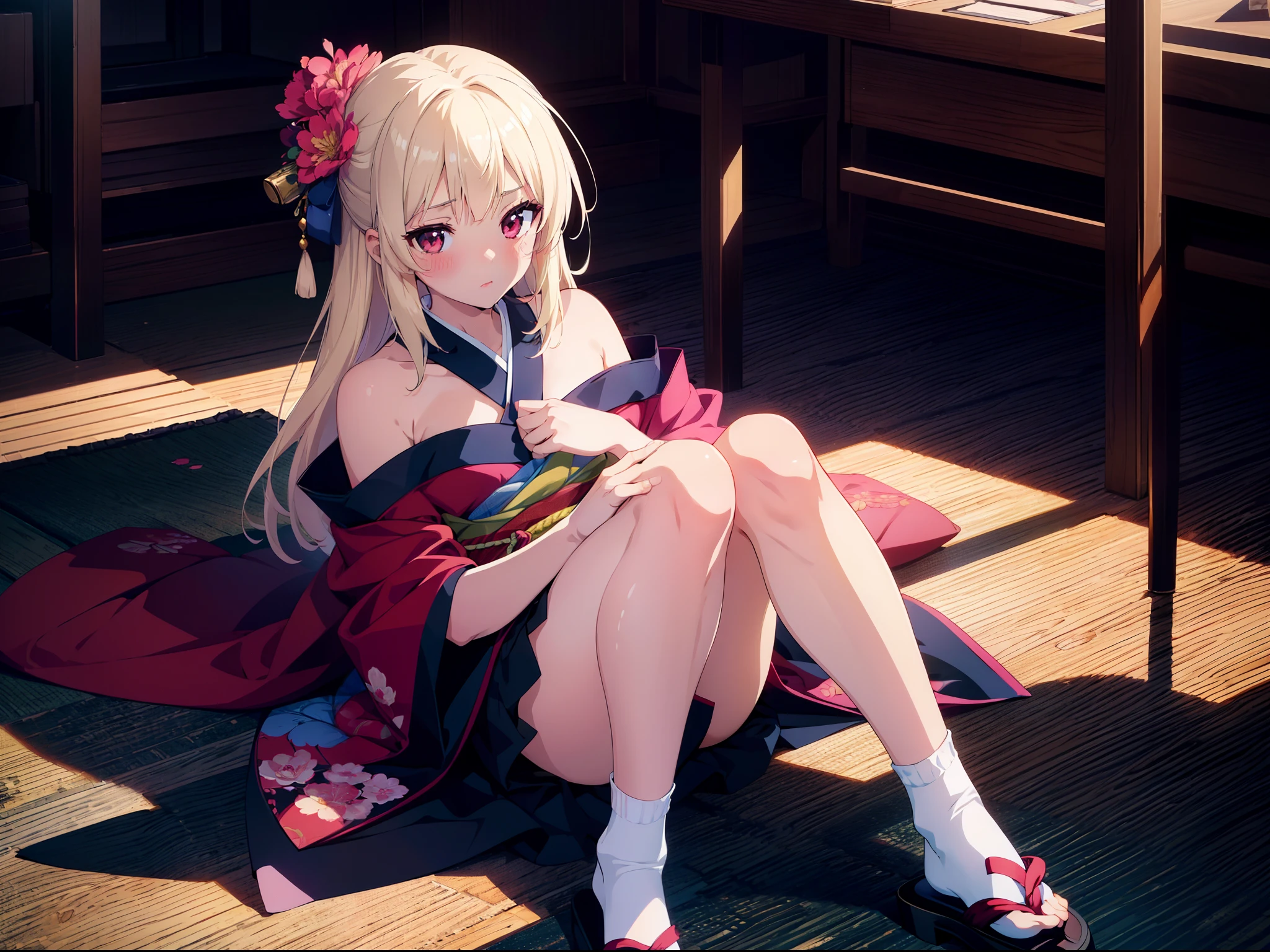 1 girl, lying, close to viewer, character focus, kimono, (bare-shoulders), (bare-legs), tabi socks , blush, embarrassing, high resolution,(incredibly absurdres), (hires.fix:1.3),anime visual,ultra detailed CG unity 8k wallpaper, ((masterpiece)), ((top-quality)), (beautiful illustration), ((an extremely delicate and beautiful))