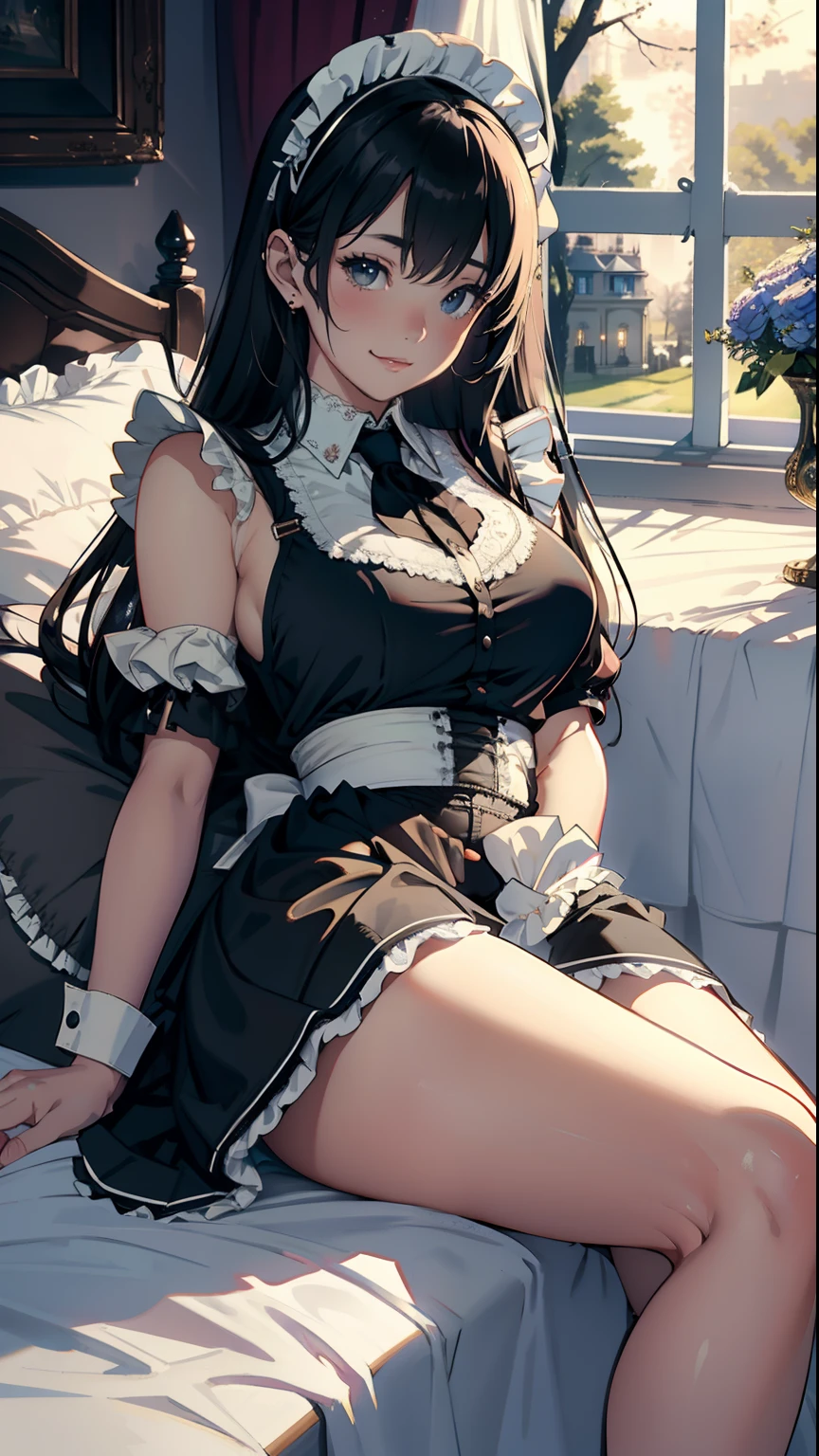 masterpiece, top-quality, Detailed details, Detailed landscapes, beatiful lights, Beautiful Shadows,girl with,(large full breasts)、((lying back)),(laying on back),((Bare legged)),sixteen years old,((innocent smiles)),Black eyes,a miniskirt,Slit skirt,(((maid clothes))),((No Underwear)), detailed skin textures, Tyndall effect,mansion,mansion,Bedroom,(Antique bed)