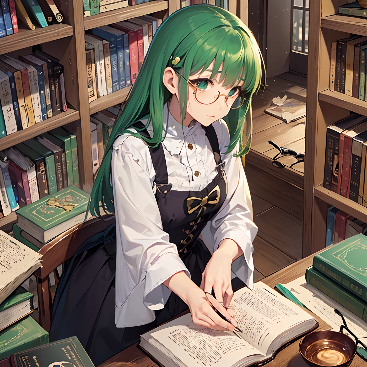 ​masterpiece、top-quality、High-quality images、hight resolution、8K、1lady、detaileds、Detailed eye depiction、skin gloss、Lustrous hair、　　　((Favorite hair color today))((More disheveled hair、I'm wearing round glasses、real  face、Good posture、Monacaware、Its name is Monaca Kashino:1.3))、　　((obedient character、Not very confident、Emotional manifestation:1.2))　((Narrow old room、Lots of bookshelves、Pile of used books))　　　　　　　　　　　　　　Monaka tells you to write a prompt、I'll think about something and write a story