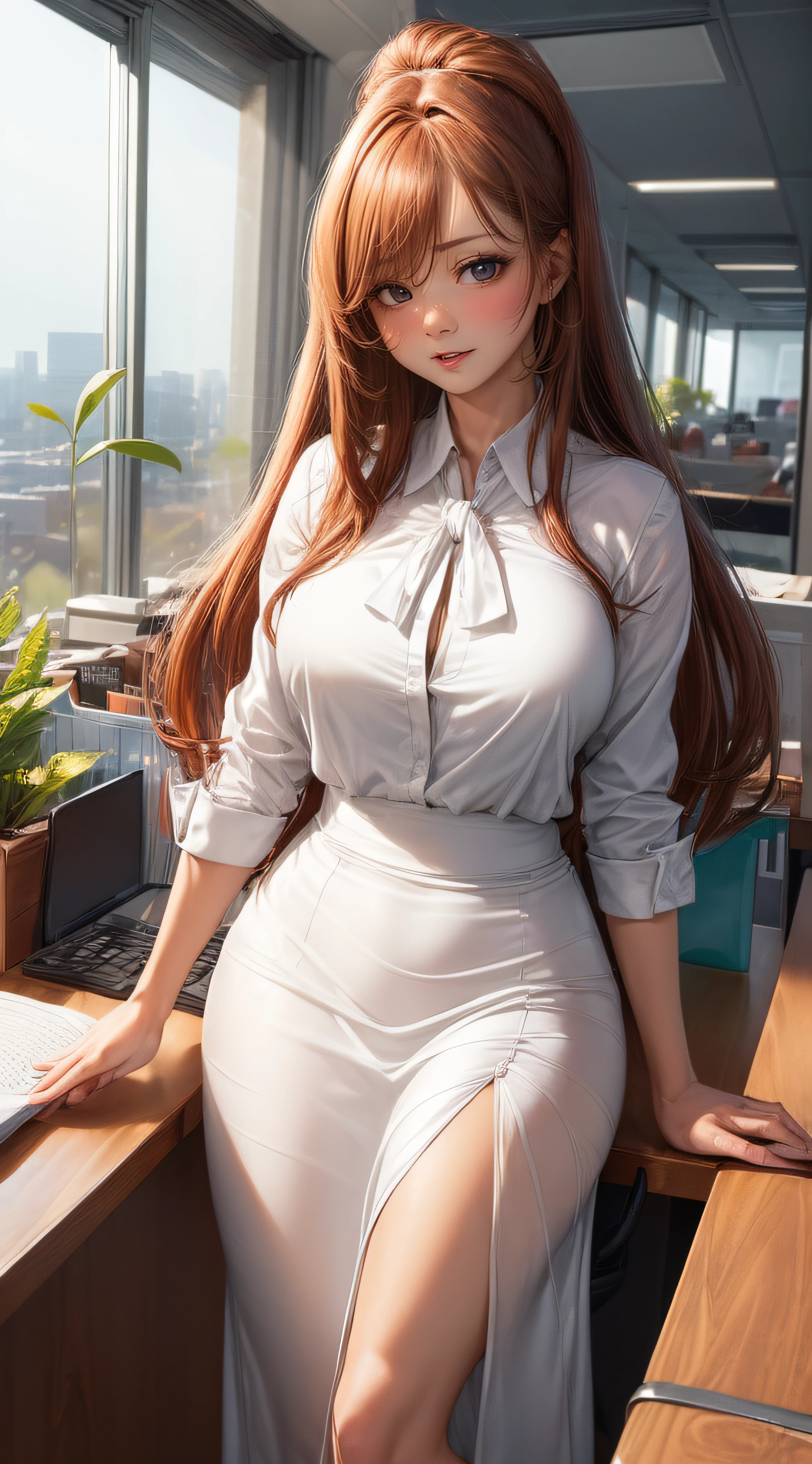 ((looking at viewer:1.5)),((1girl:1.5),curvy,petite,beautiful breasts,large breasts,pale skin,(erect nipples)),((long hair),(thin hair:1.8),(straight hair:1.5),(Swept bangs:1.5),(extra light coppery amber hair:1.5),(hair over one eye:1.2)),((realistic),8k,ultra HD,high resolution,best quality,masterpiece,(Sense of presence:1.5),(Dynamic:1.5),(bold:1.5)),((clothed:1.5),(office lady:1.5))