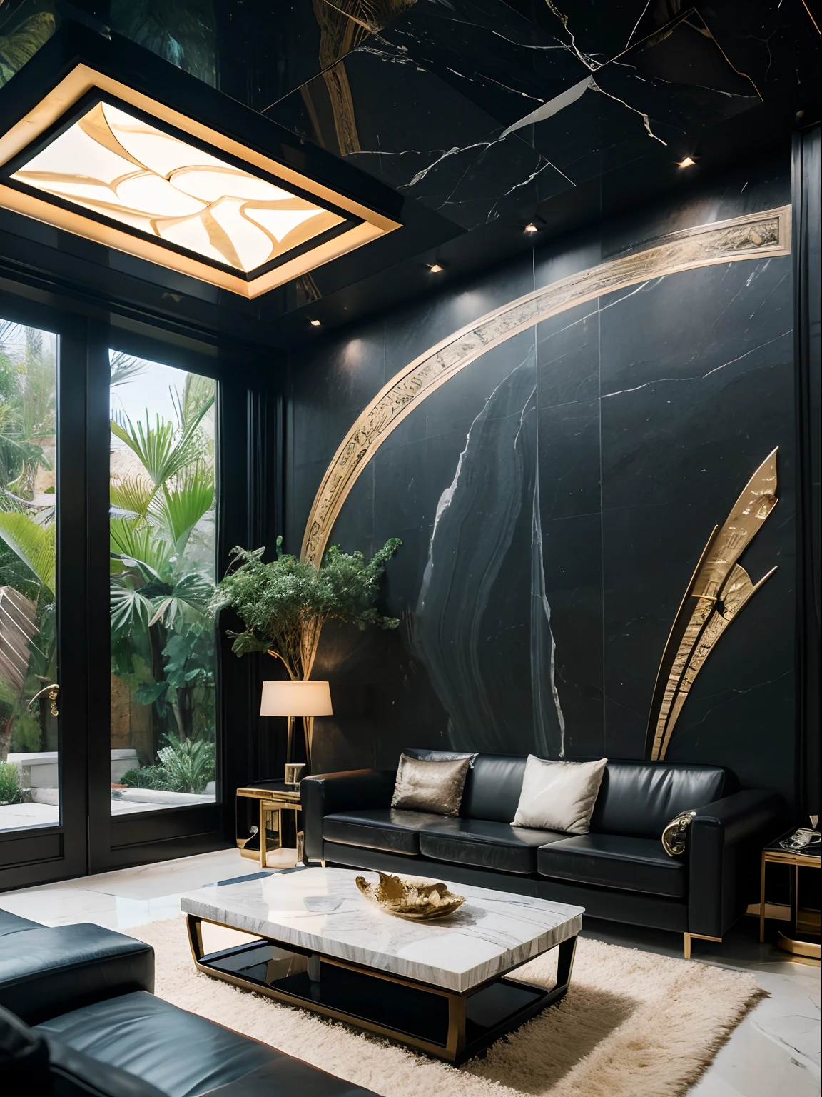 Incredibly luxurious futuristic black living room interior,lotus flower,palmeiras,hyeroglyphics,trpical garden,Rock walls,sand,marbled,minerais preciosos,metals,Pedras preciosas,crystal,clouds and water,Ultra Luxo,black marble,cinematic ligh,epic,– With beautiful lights,unreal-engine,hqr,16k