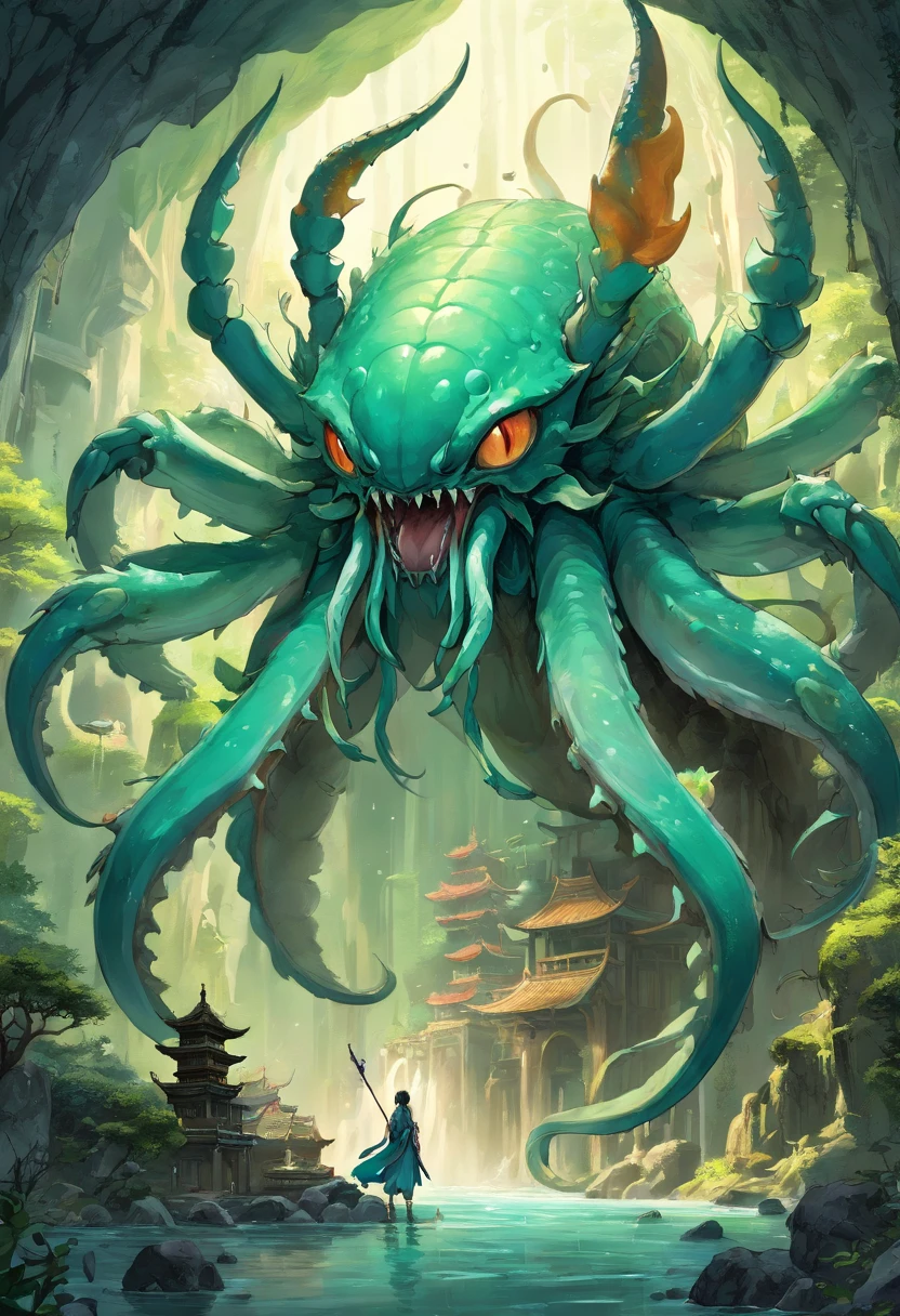 (Best quality,8K,A high resolution,Masterpiece:1.2),Ultra-detailed,(Realistic,Photorealistic,photo-realistic:1.37),ultra high res, Ancient beasts from hell,Chinese mythology,Inside cave,mythological creatures, muddy green skin ,faucet, giant humanoid monster, mutant, eldritch horror, scary monster, humanoid, giant crab claws,Crab shell,Long tail,Large tentacles from body, many tentacles from body, tentacles from mouth, slimy skin, slime body, large bat wings,Wings cocked,Sharp claws,beast of prey,buck teeth, Intricate fantasy ink painting, Detailed fantasy ink illustration, fantasy highly detailed, beautiful detailed fantasy, magic fantasy highly detailed, highly detailed fantasy art, epic rivendell fantasy, japanese fantasy, detailed fantasy digital art, Chinese fantasy, detailed fantasy art, colorful, no mistakes, well detailed, ((no art error))