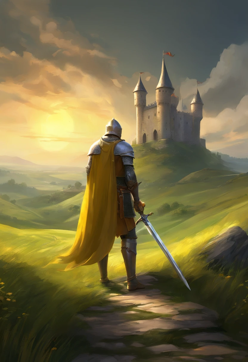 (best quality,4k,highres,masterpiece:1.2),ultra-detailed,realistic,fantasy art,medieval fortress,dark atmosphere,dramatic lighting,castle,ancient architecture,stone wall,massive wooden doors,towering turrets,carved decorations,moat with drawbridge,gloomy sky,ominous clouds,twilight,isolated setting,minimalist landscape,peaceful countryside,rolling hills,lush green grass,medieval knight,bold and courageous,short yellow hair,yellow armor,strong and muscular,confident stance,shiny sword and shield,intense gaze,serious expression,protection,guardian,solemn silence