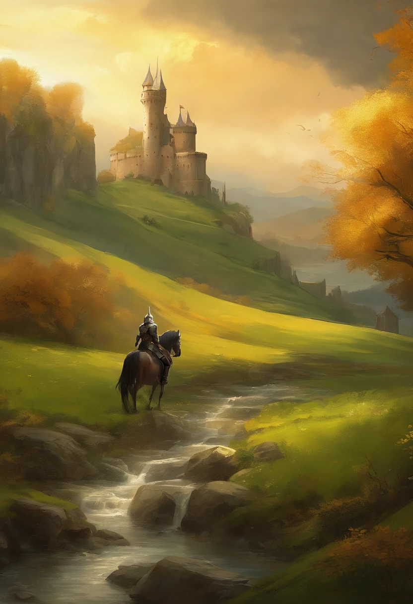 (best quality,4k,highres,masterpiece:1.2),ultra-detailed,realistic,fantasy art,medieval fortress,dark atmosphere,dramatic lighting,castle,ancient architecture,stone wall,massive wooden doors,towering turrets,carved decorations,moat with drawbridge,gloomy sky,ominous clouds,twilight,isolated setting,minimalist landscape,peaceful countryside,rolling hills,lush green grass,medieval knight,bold and courageous,short yellow hair,yellow armor,strong and muscular,confident stance,shiny sword and shield,intense gaze,serious expression,protection,guardian,solemn silence