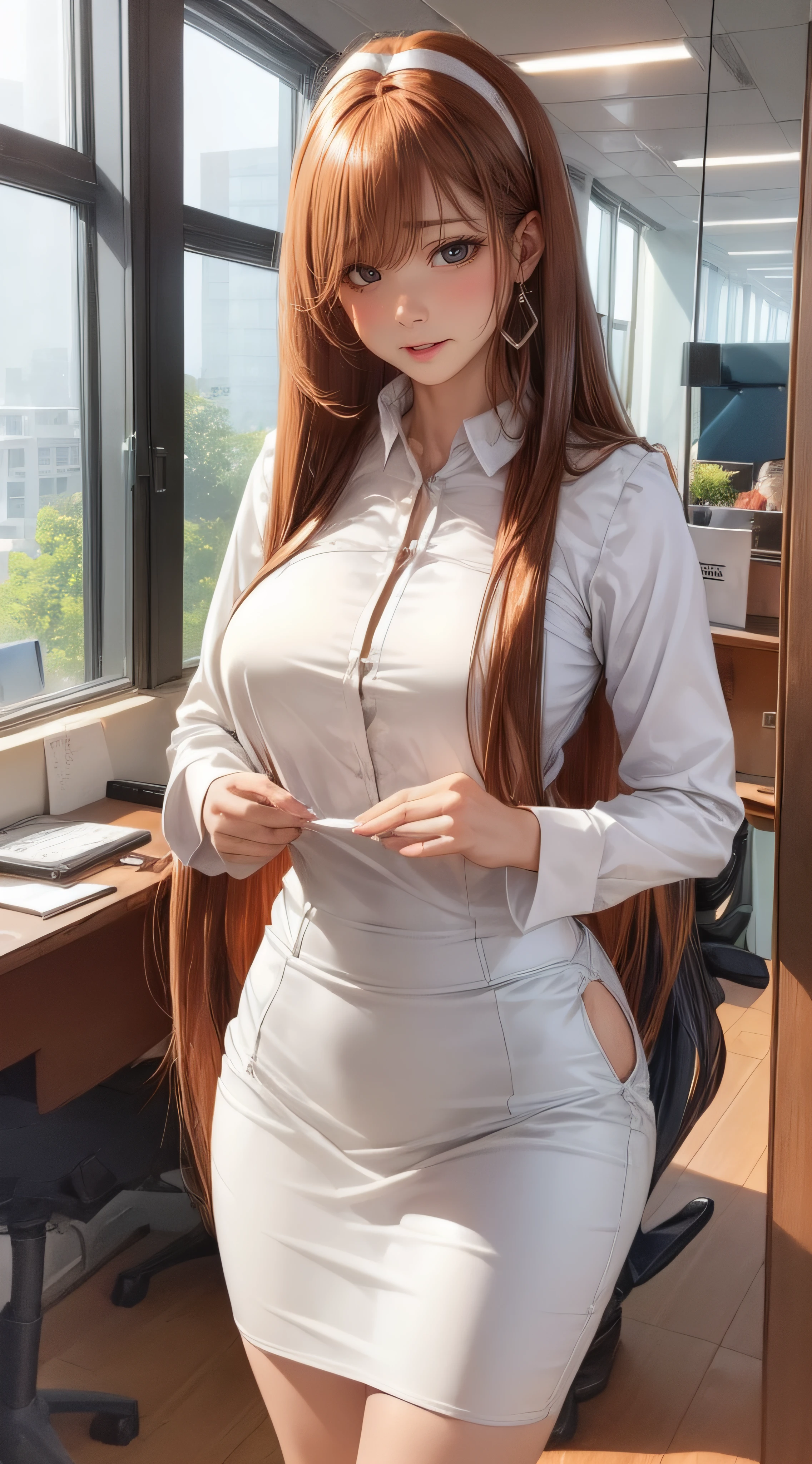 A beautiful woman, 1 girl, solo, sitting at an office desk, with a white blouse between open, short red skirt, the woman has long hair wears glasses, is in high heels, is biting a pen with sensual expression, has beautiful breasts, beautiful ass, perfect body, anatomically perfect hands and legs