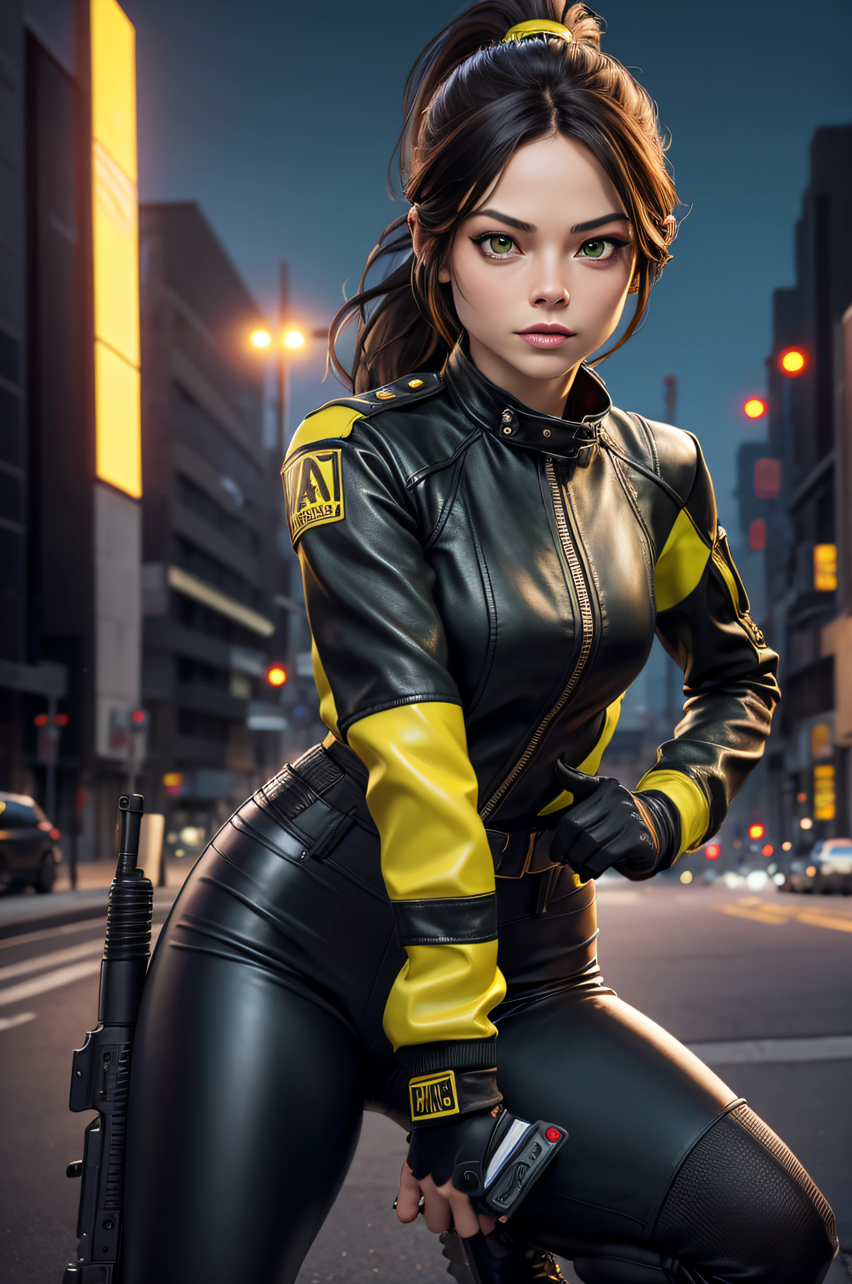 Kristin Kreuk, brunette with ponytail and green eyes, Dressed in black leather pants and yellow leather jacket, pointing a firearm at the camera to ask the spectator to freeze. lighting cinematic. Modern city in the background
