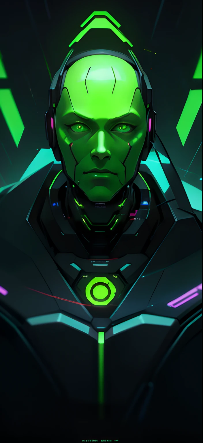 Green glowing face of a man with glowing eyes, Detailed glowing head, Cyber Song Collection, Cybernetic glow, Humanoid Face, Detailed android face, Шодан из System Shock 2, Cyberface, The Face of Cyberpunk, green face, portrait of an android, Sci-fi Face, Sci-fi Face, portrait of an android, Glowing Cyber Eyes