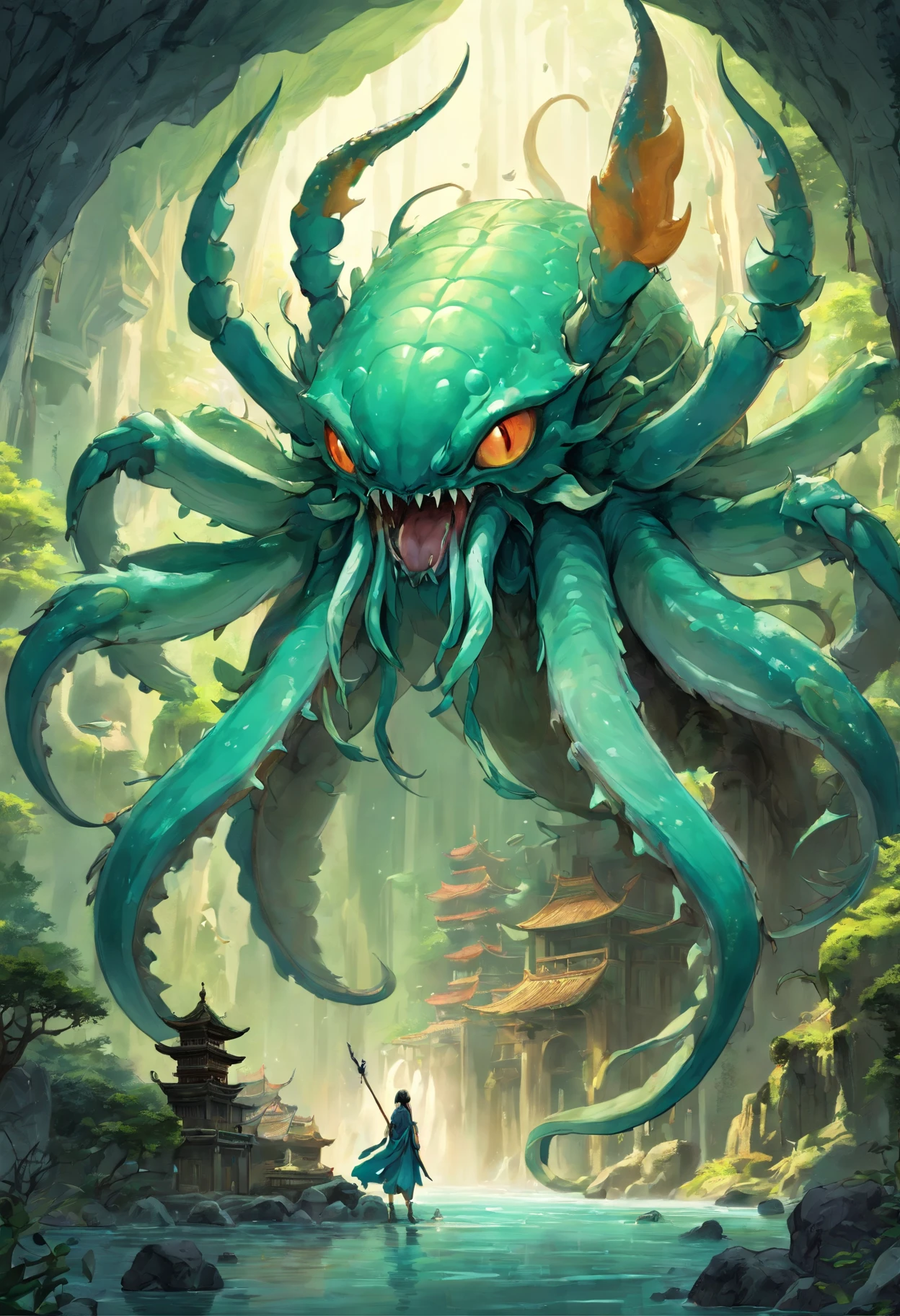 (Best quality,8K,A high resolution,Masterpiece:1.2),Ultra-detailed,(Realistic,Photorealistic,photo-realistic:1.37),ultra high res, Ancient beasts from hell,Chinese mythology,Inside cave,mythological creatures, muddy green skin ,faucet, giant humanoid monster, mutant, eldritch horror, scary monster, humanoid, giant crab claws,Crab shell,Long tail,Large tentacles from body, many tentacles from body, tentacles from mouth, slimy skin, slime body, large bat wings,Wings cocked,Sharp claws,beast of prey,buck teeth, Intricate fantasy ink painting, Detailed fantasy ink illustration, fantasy highly detailed, beautiful detailed fantasy, magic fantasy highly detailed, highly detailed fantasy art, epic rivendell fantasy, japanese fantasy, detailed fantasy digital art, Chinese fantasy, detailed fantasy art, colorful, no mistakes, well detailed, ((no art error))