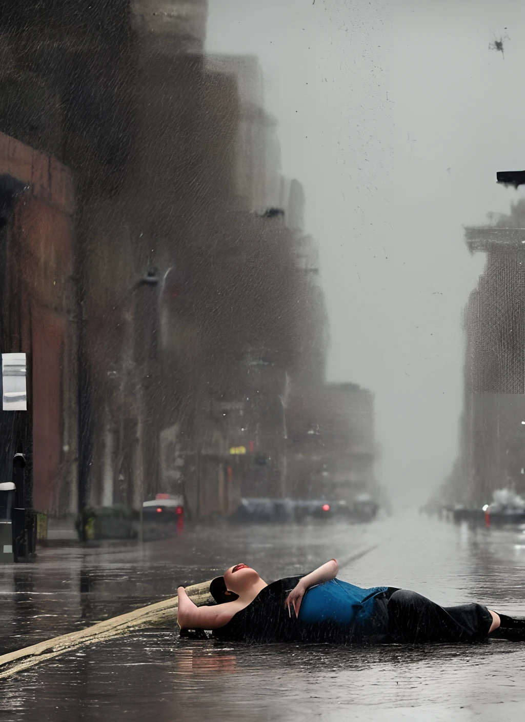 Use artificial intelligence to create an image with maximum quality and advanced levels of detail. The scene should depict a city being pounded by heavy rain. Every drop of water should be visible, and the streets should be flooded, reflecting the strength of the storm. In the middle of the street, a person is lying down, with the rain falling on them, highlighting their vulnerability in the face of nature's power. Make sure to capture the texture of the water, the brightness of the drops, and the sense of turmoil caused by the rain