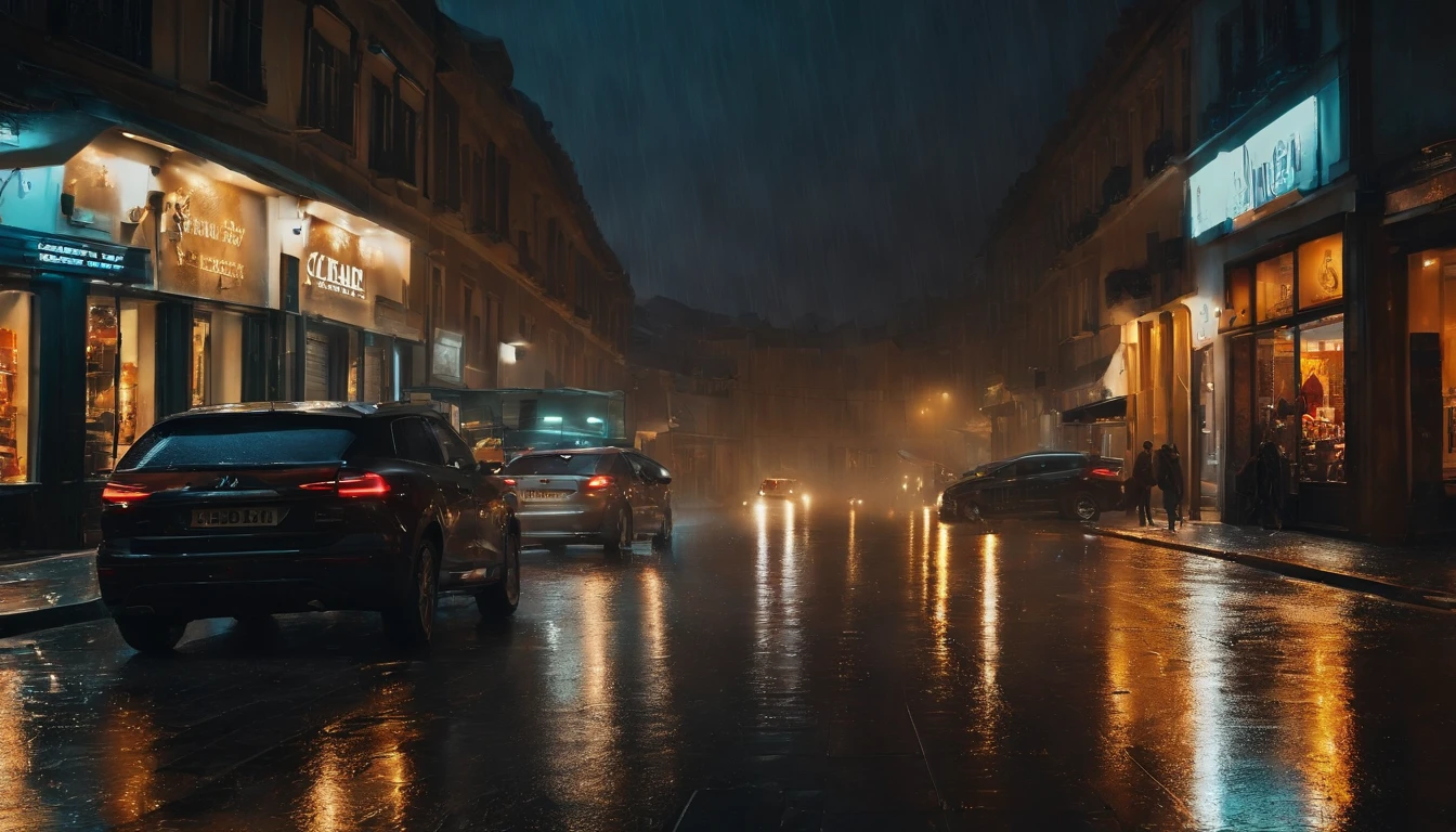 the street,raining day,one-girl,Walk on the main road,There are a lot of people on the street,There is lightning in the sky,The shops on the street were on fire,Flames