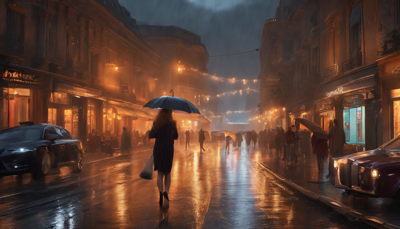 the street,raining day,one-girl,Walk on the main road,There are a lot of people on the street,There is lightning in the sky,The shops on the street were on fire,Flames