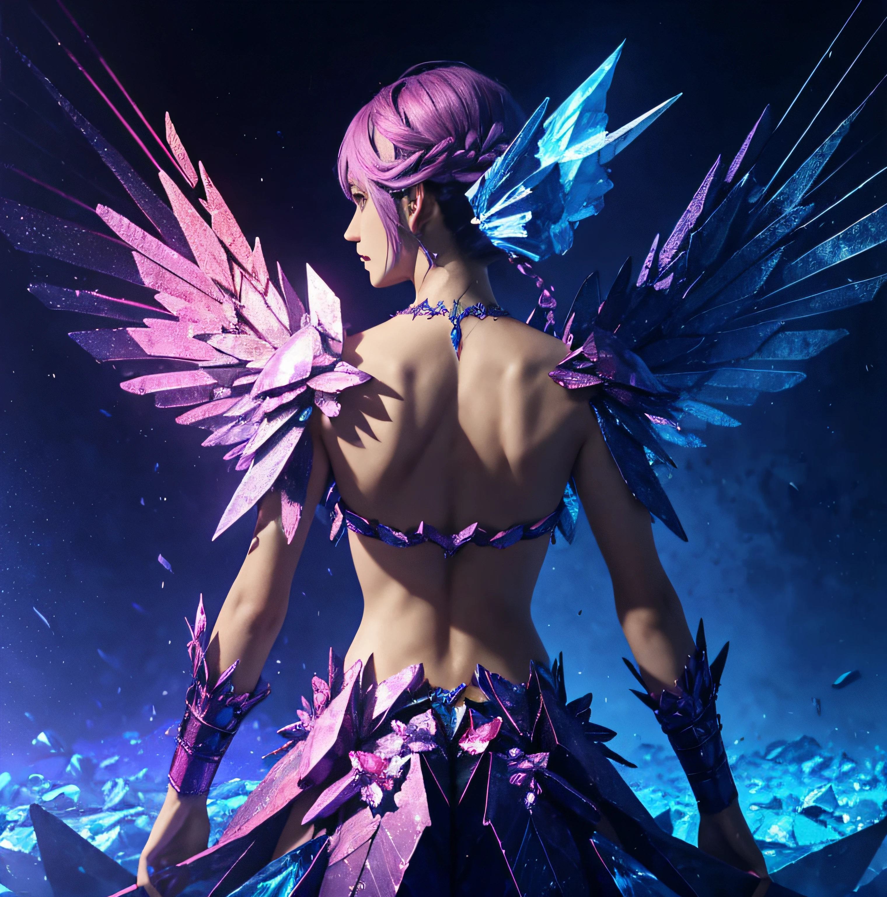 Blue and pink，Broken crystals，There was a winged mage standing，Single back，magia，An endless void，Cinematic，Ultra-high resolution, rendering by octane,Masterpiece, Best quality，1080X1920 RESOLUTION，Portrait poster