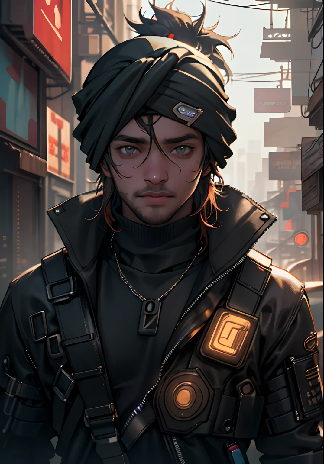 ultra detail, high resolution, ultra detailed, best quality, amazing, top quality, extremely detailed CG unity 8k wallpaper, cinematic lighting, dog fanboy wearing turban, cyberpunk, crazy boy, art style banksey