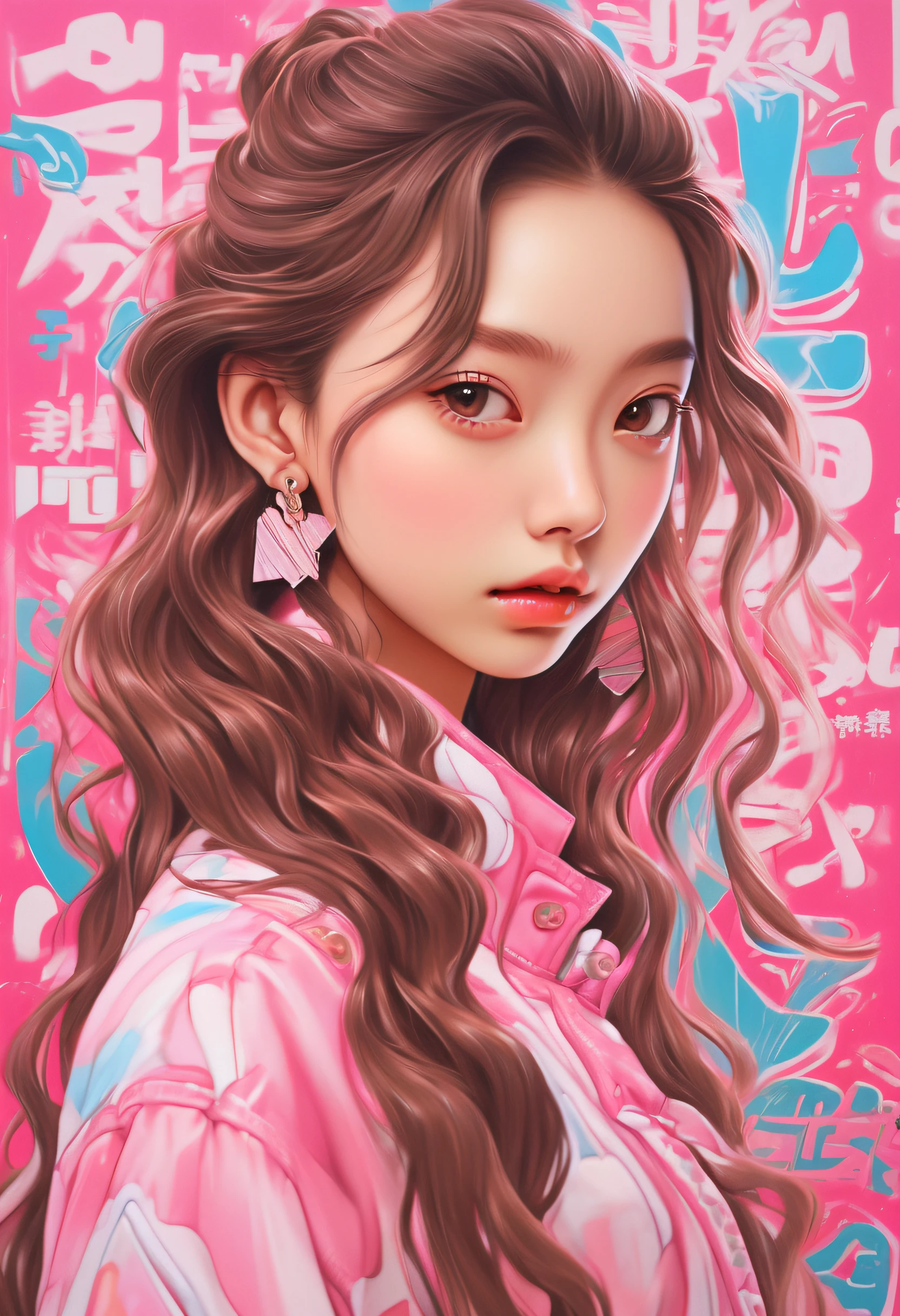 18-year-old girl,She looks like Angelababy,with curly brown hair,Barbie shiny pink,Estilo de Makoto Shinkai,Niji style,in the style of Miho Hirano, Graffiti,Manga style,Pink and brown,ornate portrait, 1980s animation, hongkongstyle, Sandara tang, mixed patterns, text and emoji installations