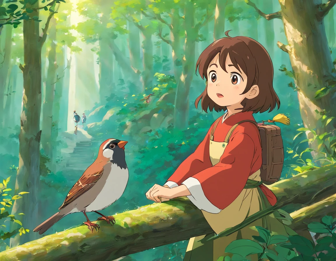 (((The little sparrow learns to sing mountain songs on the branches)),ln the forest,