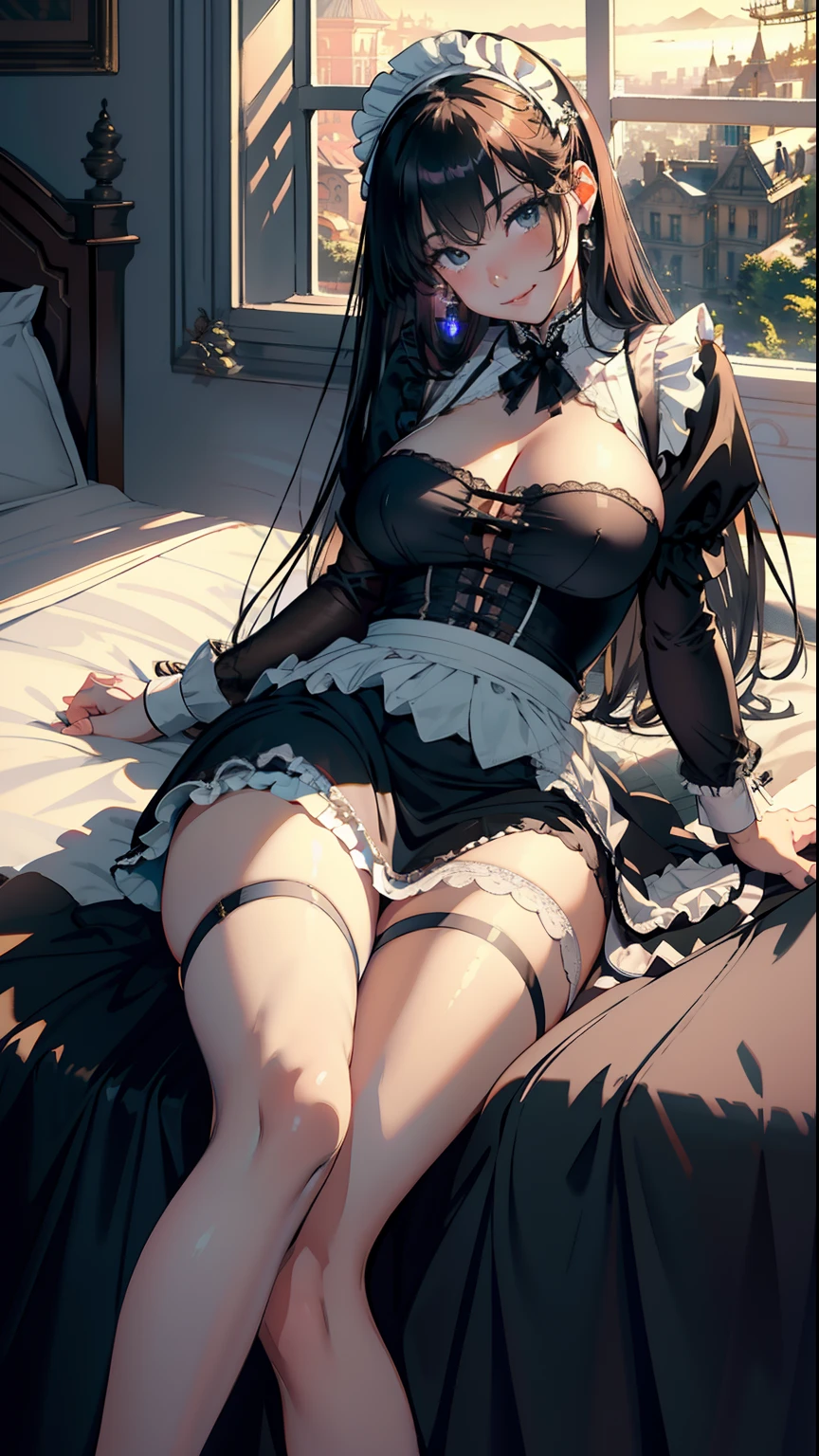 ​masterpiece, top-quality, Detailed details, Detailed landscapes, beatiful lights, Beautiful Shadows,girl with,(large full breasts)、((lying back)),(laying on back),((Bare legged)),22year old,((innocent smiles)),Black eyes,Slit skirt,(((maid clothes))),((No Underwear)), detailed skin textures, Tyndall effect,mansion,mansion,Bedroom,(Antique bed)