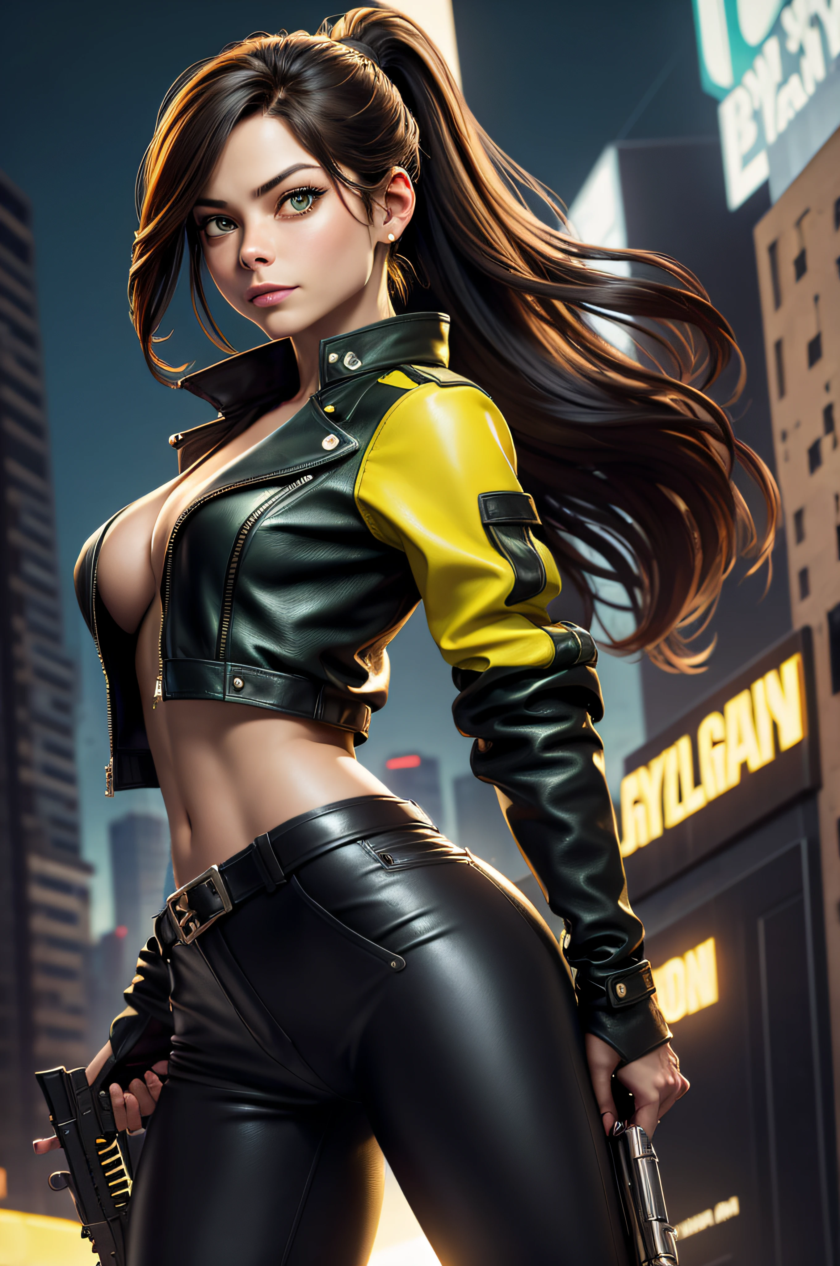 Kristin Kreuk, brunette with ponytail and green eyes, Dressed in black leather pants and yellow leather jacket, pointing a firearm at the camera to ask the spectator to freeze. lighting cinematic. Modern city in the background