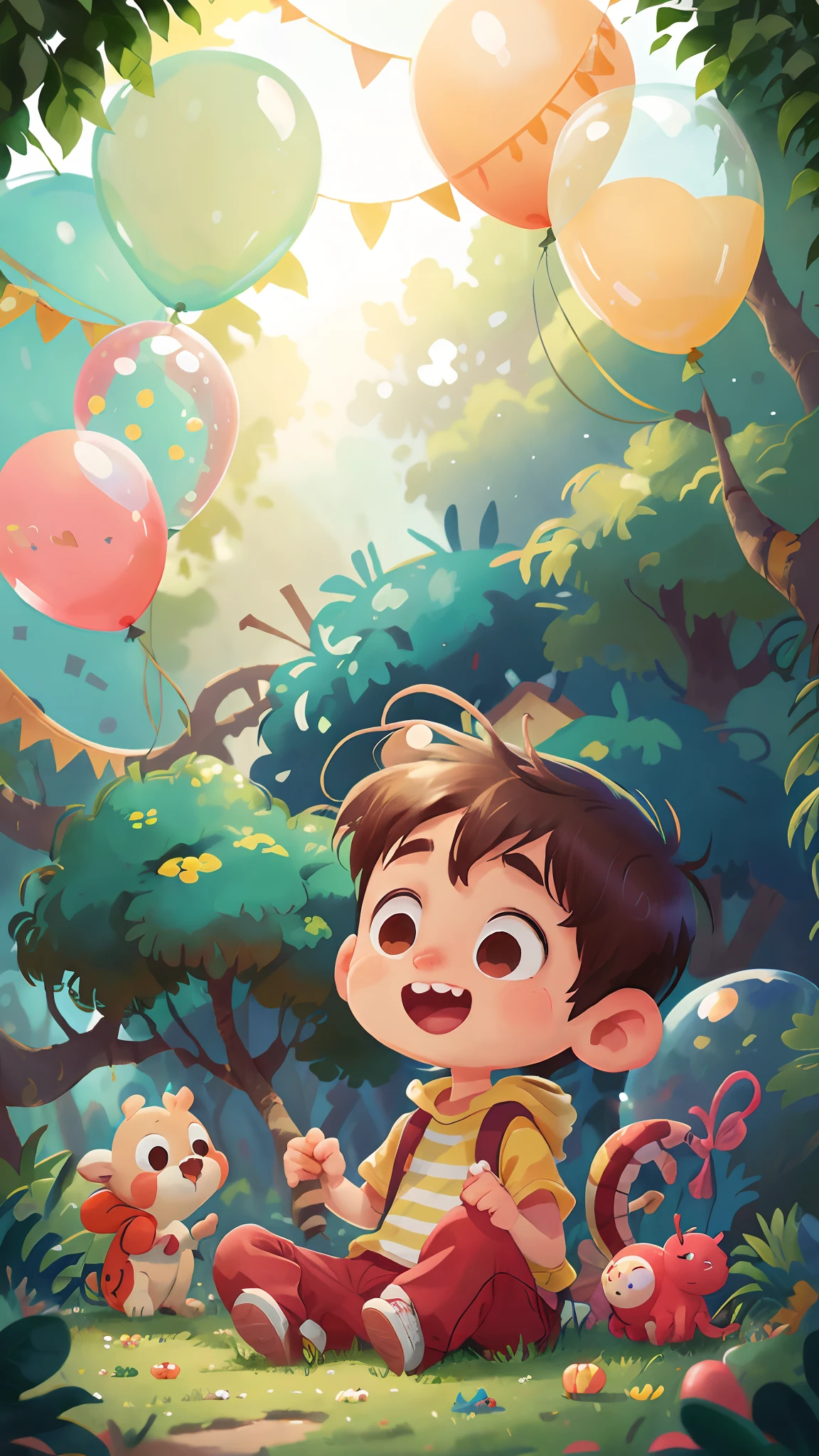 A boy, zoo, many balloons, happy, happy, perfect quality, clear focus (clutter - home: 0.8), (masterpiece: 1.2) (realistic: 1.2) (bokeh) (best quality) (detailed skin: 1.3) (intricate details) (8K) (detail eyes) (sharp focus), (happy)