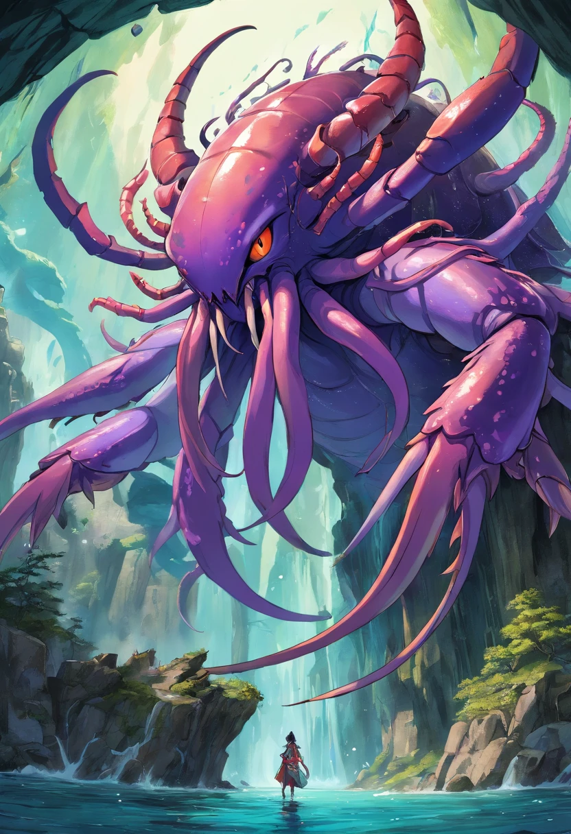 (Best quality,8K,A high resolution,Masterpiece:1.2),Ultra-detailed,(Realistic,Photorealistic,photo-realistic:1.37),ultra high res, Ancient beasts from hell，Chinese mythology，Inside cave，mythological creatures, dark purple skin ,faucet, giant humanoid monster, mutant, eldritch horror, scary monster, humanoid, giant crab claws，Crab shell，Long tail，Large tentacles from body, many tentacles from body, tentacles from mouth, slimy skin, slime body, large bat wings，Wings cocked，Sharp claws,beast of prey，buck teeth， Intricate fantasy ink painting, Detailed fantasy ink illustration, fantasy highly detailed, beautiful detailed fantasy, magic fantasy highly detailed, highly detailed fantasy art, epic rivendell fantasy, japanese fantasy, detailed fantasy digital art, Chinese fantasy, detailed fantasy art, colorful, no mistakes, well detailed, ((no art error))