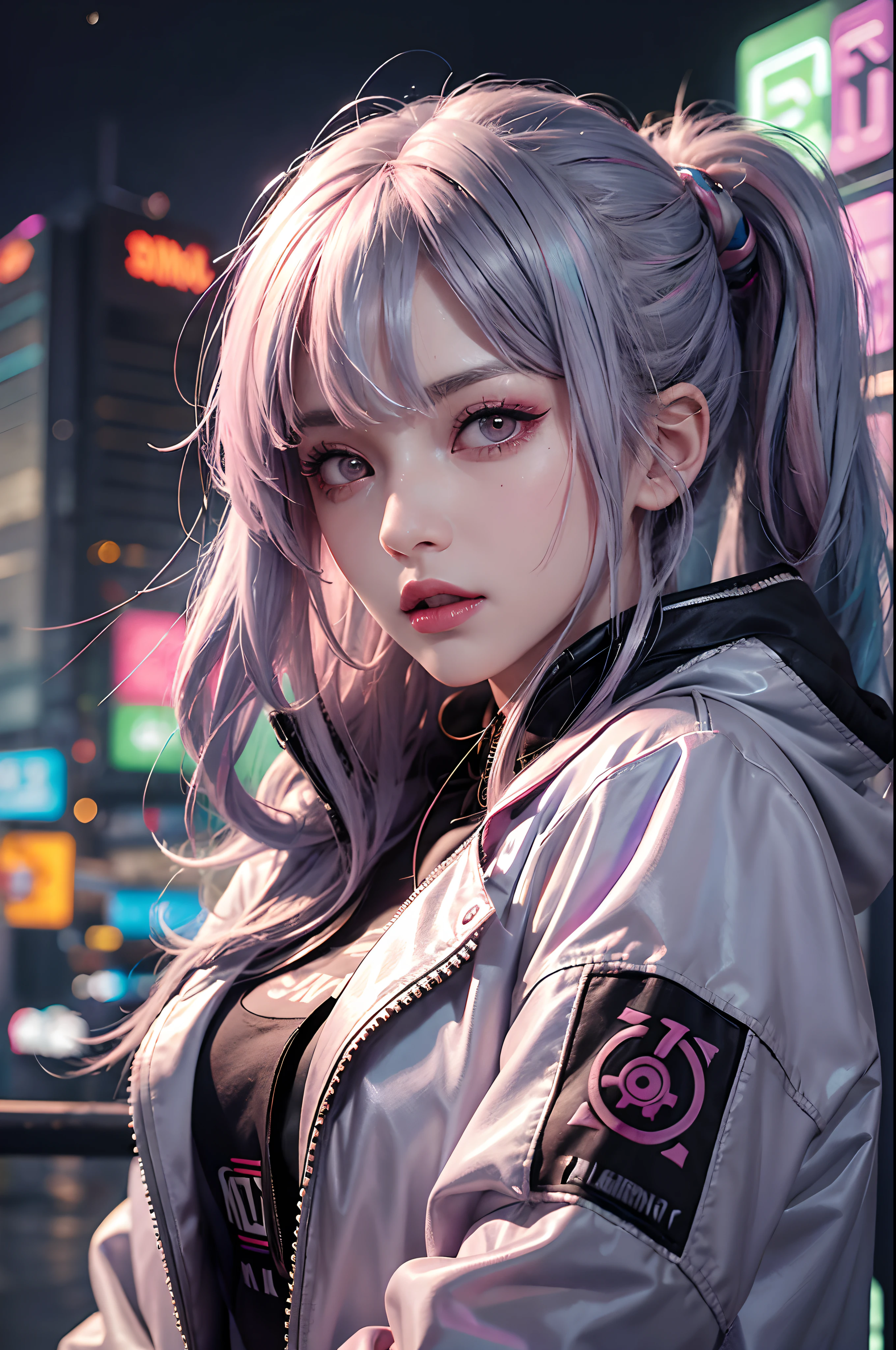 lucy \(cyberpunk\), 1girl, hair scrunchie, hime cut, silver hair, colored tips, full moon, grey eyes, jacket, long sleeves, looking at viewer, medium hair, multicolored hair, parted bangs, parted lips, pink hair, portrait, red eyeliner, red lips, solo, white jacket, cyberpunk \(series\), rainy night in a cyberpunk city with glowing neon lights