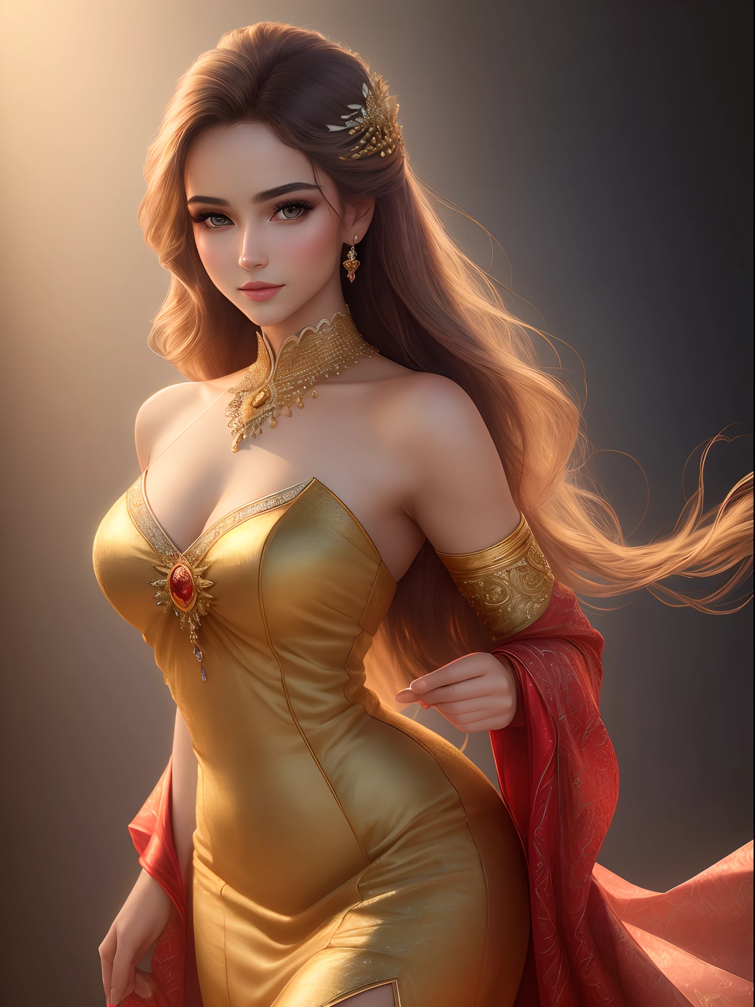 (best quality,4k,8k,highres,masterpiece:1.2),ultra-detailed,(realistic,photorealistic,photo-realistic:1.37),portrait,model,half body,female,beautiful,gorgeous,exquisite face,detailed eyes,detailed lips,charming smile,delicate skin,perfect makeup,subtle contours,high cheekbones,long neck,graceful posture,flowing hair,elegant dress,fashionable,stylish,confidence,serene expression,soft lighting,studio setup,vibrant colors,subtle color grading,artistic background,textured background,professional photography.