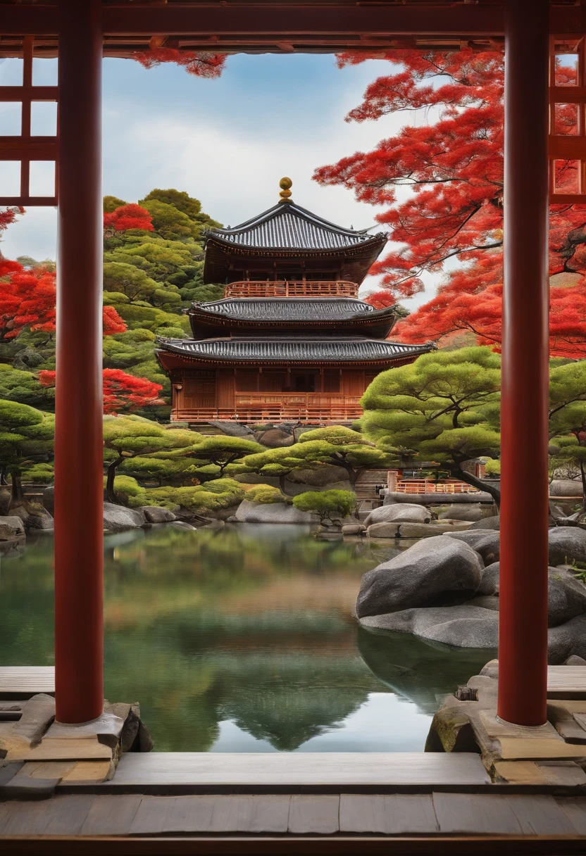 In the background is a painting of a pagoda and a tree, inspired by Yamamoto Shōun, inspired by Kanō Motonobu, inspired by Sōami, qing dynasty painting, inspired by Itō Jakuchū, author:Seto Toyo, inspired by Hishida Shunsō, traditional japanese painting