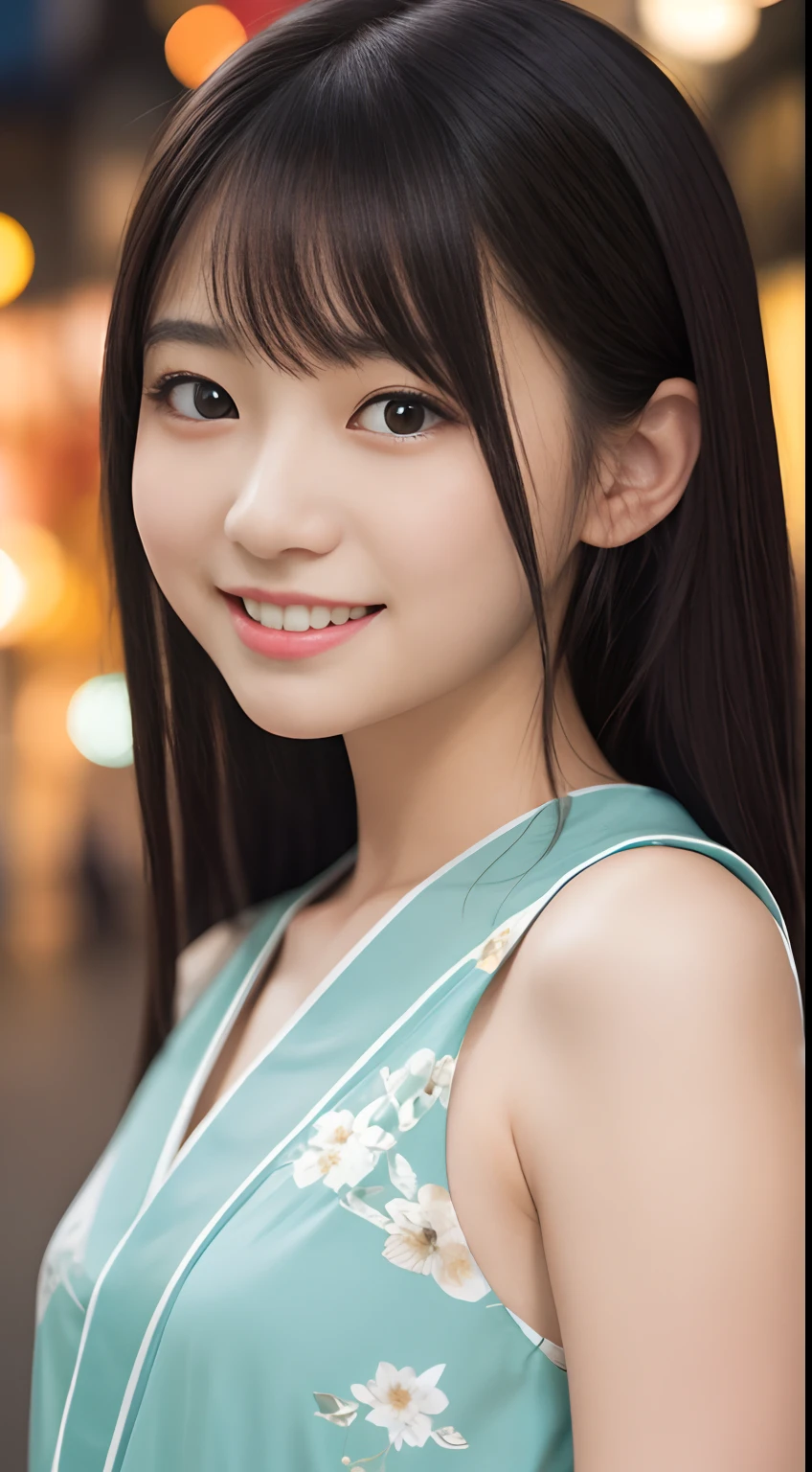 masutepiece, Best Quality, 8K, 8ars old, Raw photo, absurderes, award winning portrait, Smile, Smile, Solo, Night, neons, Idol face, violaceaess, gardeniass, Delicate girl, Upper body, Digital SLR, Looking at Viewer, Candid, Sophisticated, zora々Right, Thin arms, Professional Lighting, Film grain, chromatic abberation, (Eyes and faces with detailed:1.0), (Bokeh:1.1) , Ninja kimono
