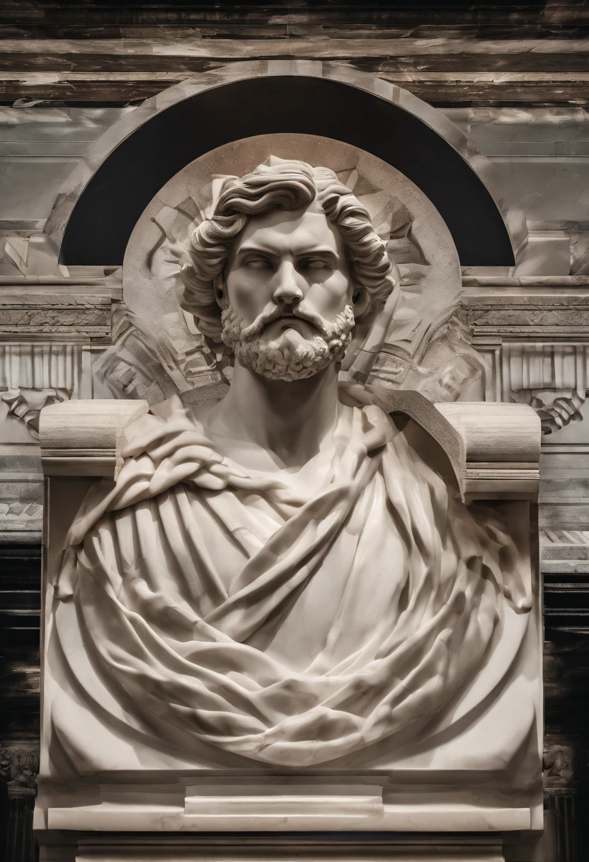 a young rich black man, head, face facing the camera; White marble statue of the bust of the sage with the style of the bearded Greek philosopher in the museum. dark atmosphere, high contrast of light and shadow, Photographie professionnelle, utrarealista, Lightweight volumetric, cinematic,