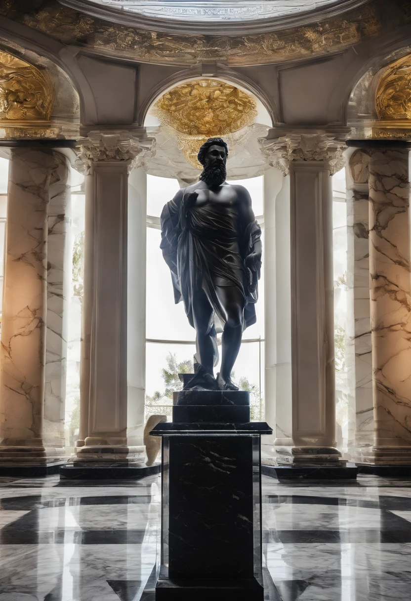 a young rich black man, head, face facing the camera; White marble statue of the bust of the sage with the style of the bearded Greek philosopher in the museum. dark atmosphere, high contrast of light and shadow, Photographie professionnelle, utrarealista, Lightweight volumetric, cinematic,