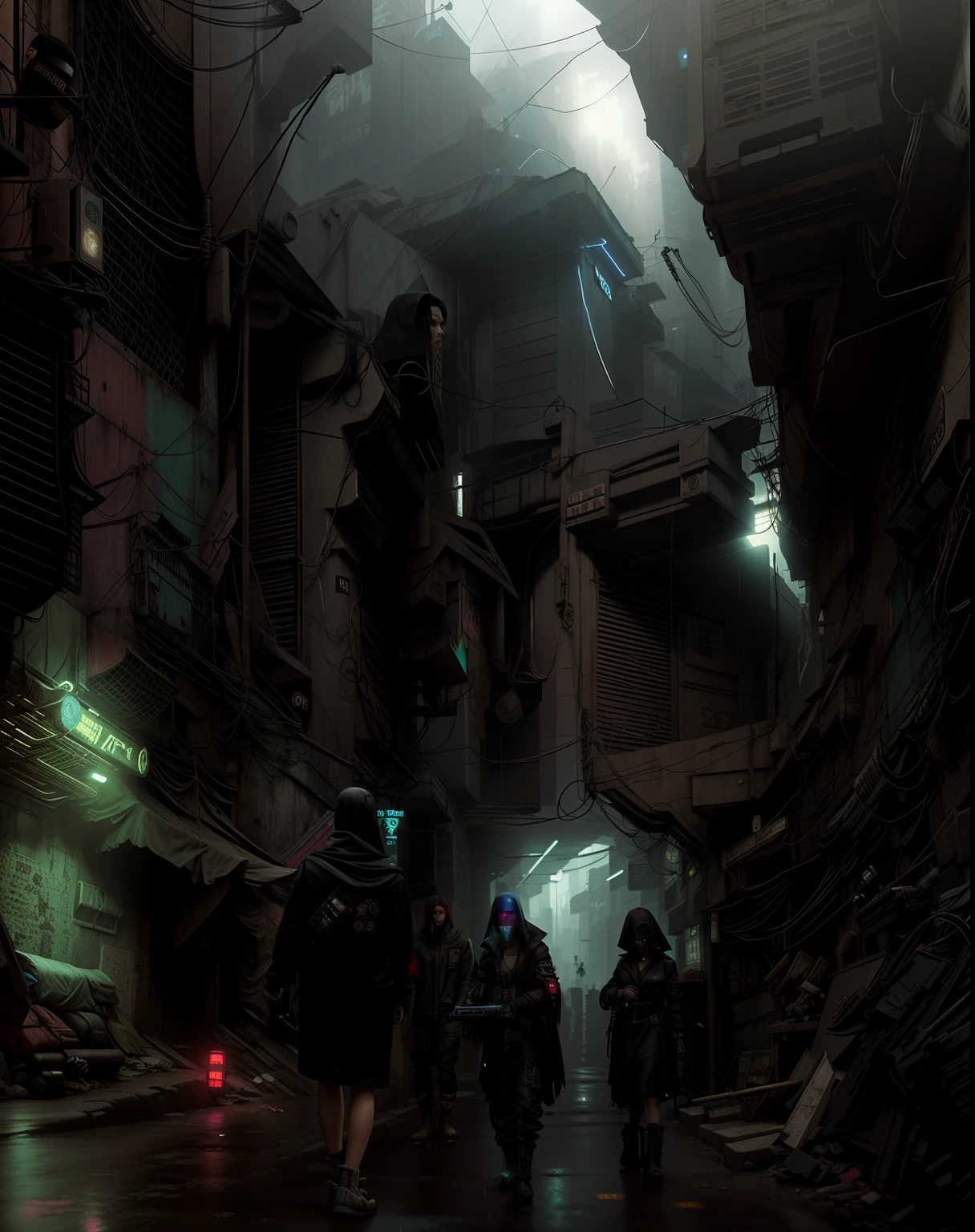 There's people walking down a dark alley in the rain, arte conceitual cyberpunk, arte conceitual urbana, arte cyberpunk blade runner, Cidade Cyberpunk Suja, digital concept art of dystopian, Beco Cyberpunk, Kowloon cyberpunk, dire cyberpunk city, Rua Cyberpunk, Beco das Costas Cyberpunk, busy cyberpunk metropolis, cyberpunk themed art, cyberpunk apocalyptic city, rua da cidade cyberpunk, cyberpunk em uma cidade cyberpunk