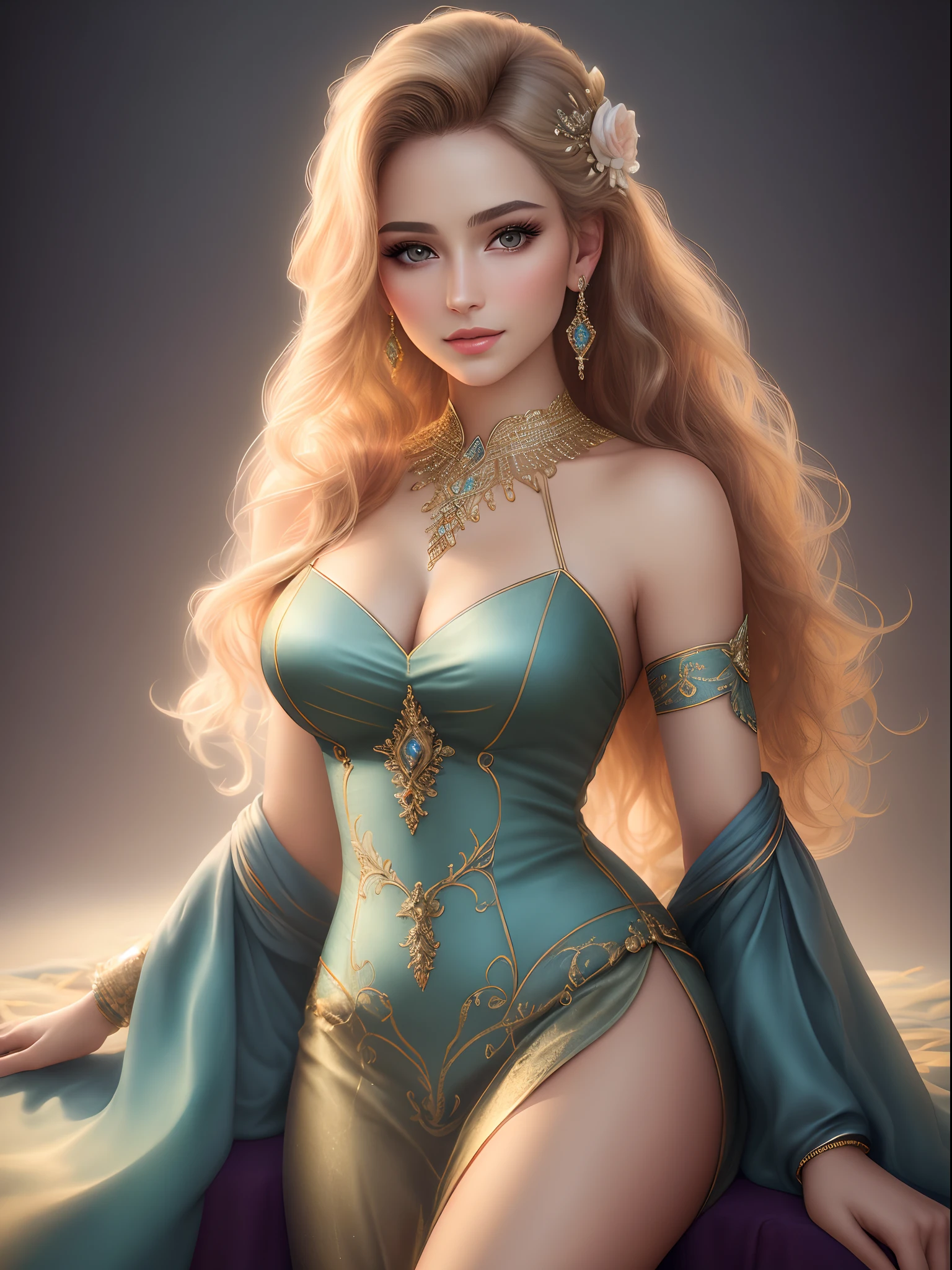 (best quality,4k,8k,highres,masterpiece:1.2),ultra-detailed,(realistic,photorealistic,photo-realistic:1.37),portrait,model,half body,female,beautiful,gorgeous,exquisite face,detailed eyes,detailed lips,charming smile,delicate skin,perfect makeup,subtle contours,high cheekbones,long neck,graceful posture,flowing hair,elegant dress,fashionable,stylish,confidence,serene expression,soft lighting,studio setup,vibrant colors,subtle color grading,artistic background,textured background,professional photography.