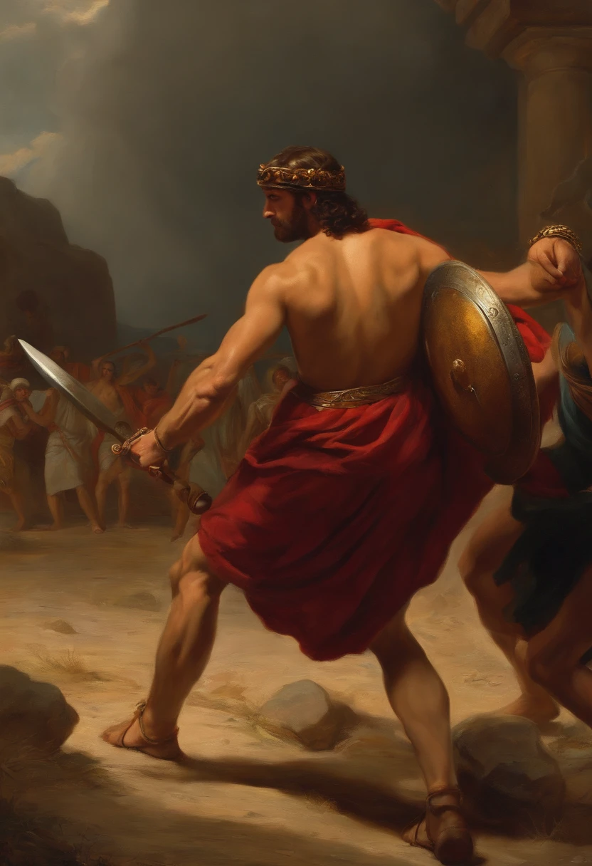 David throwing a stone at Goliath