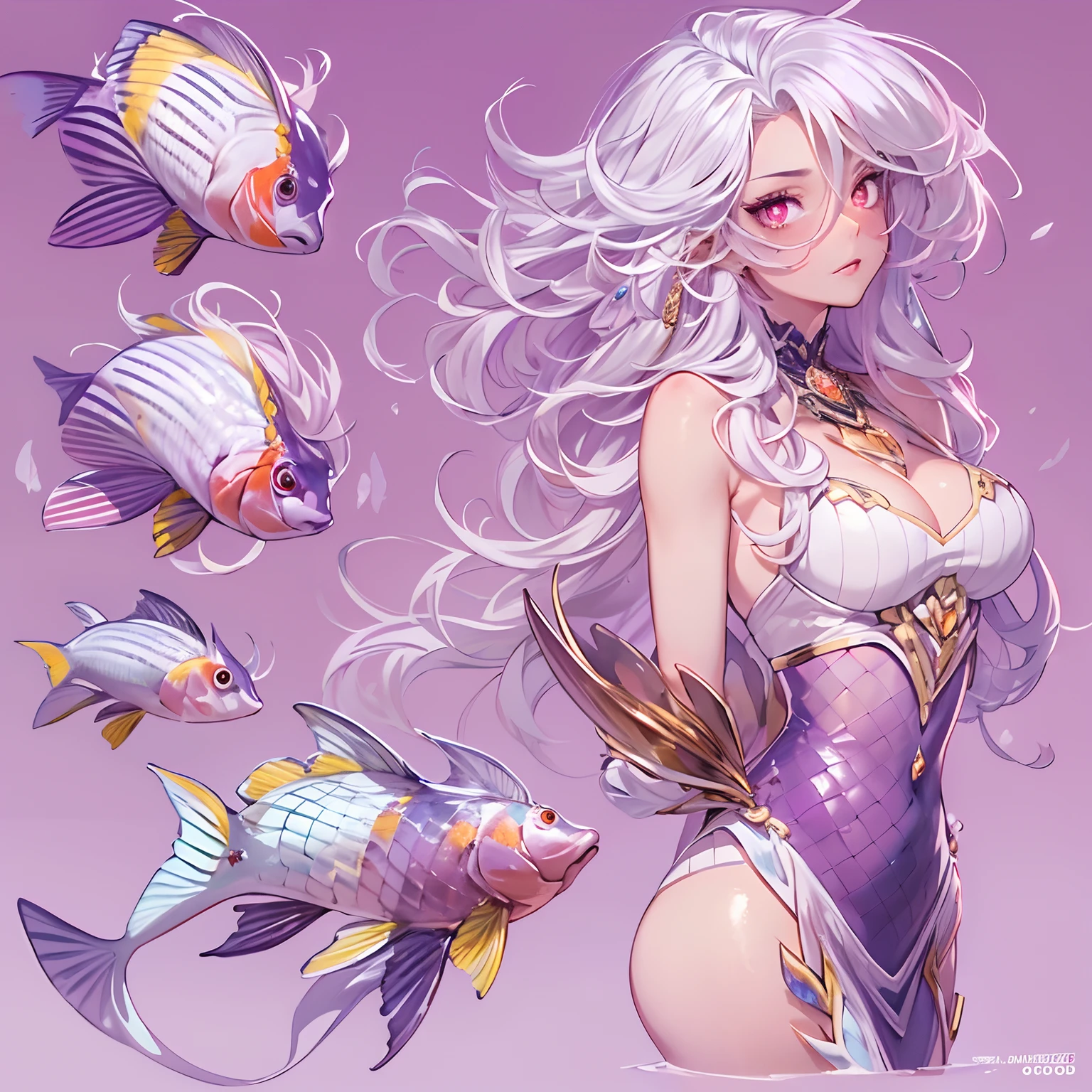 ((Masterpiece, Highest quality)), Detailed face, CharacterDesignSheet, full bodyesbian, Full of details, Multiple poses and expressions, Highly detailed, Depth, Many parts,Beautiful mermaid girl,Human fishtail,estilo fantasia,Extremely beautiful,High Balance, Natural light, Water ripples around, white hair, fish features, red eyes, gills, scales, sea shell hair ornament, red jewellery, angry expression, ((purple tinted skin)), blush, highlights, glossy lips, (((full body))), reference sheet, standing, smirking, glowing eyes, white background, no background