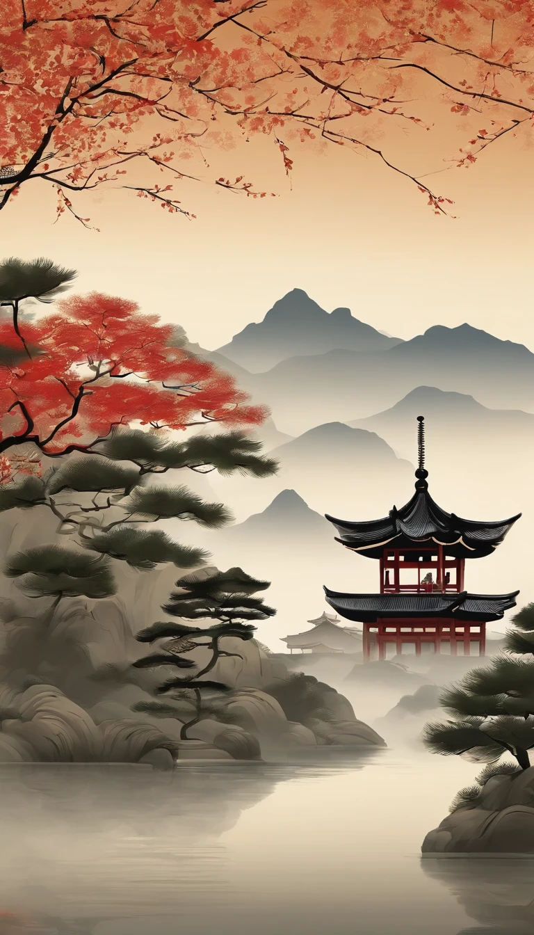 In the background is a painting of a pagoda and a tree, inspired by Yamamoto Shōun, inspired by Kanō Motonobu, inspired by Sōami, qing dynasty painting, inspired by Itō Jakuchū, author：Qi Baishi, inspired by Hishida Shunsō, Tradition Chinese Ink Painting
